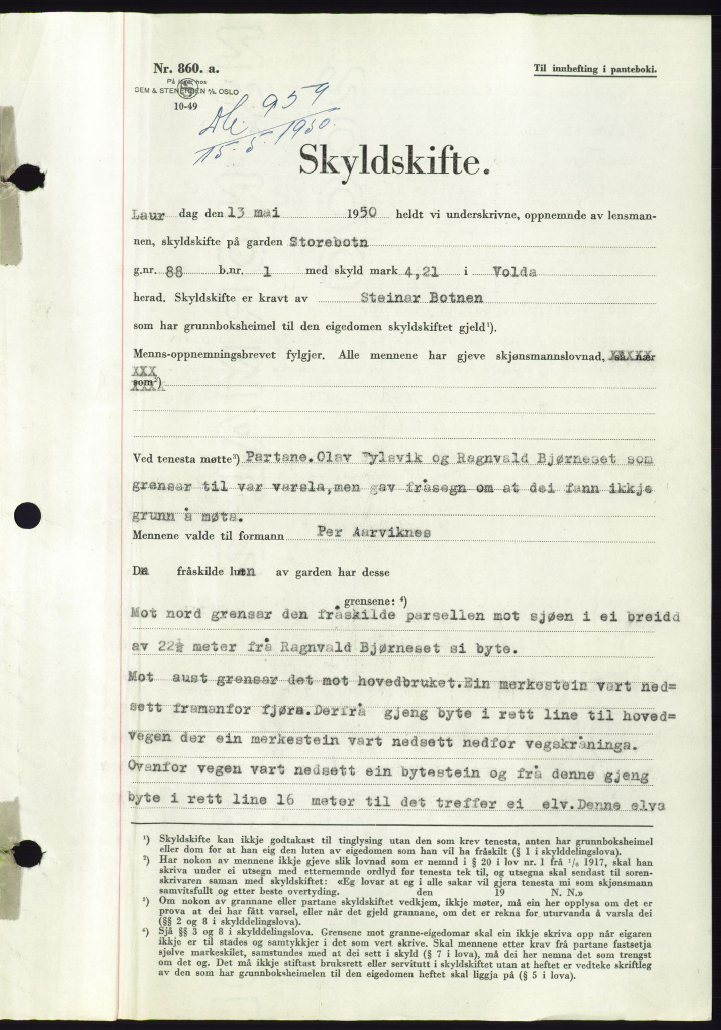 Søre Sunnmøre sorenskriveri, AV/SAT-A-4122/1/2/2C/L0086: Mortgage book no. 12A, 1949-1950, Diary no: : 959/1950