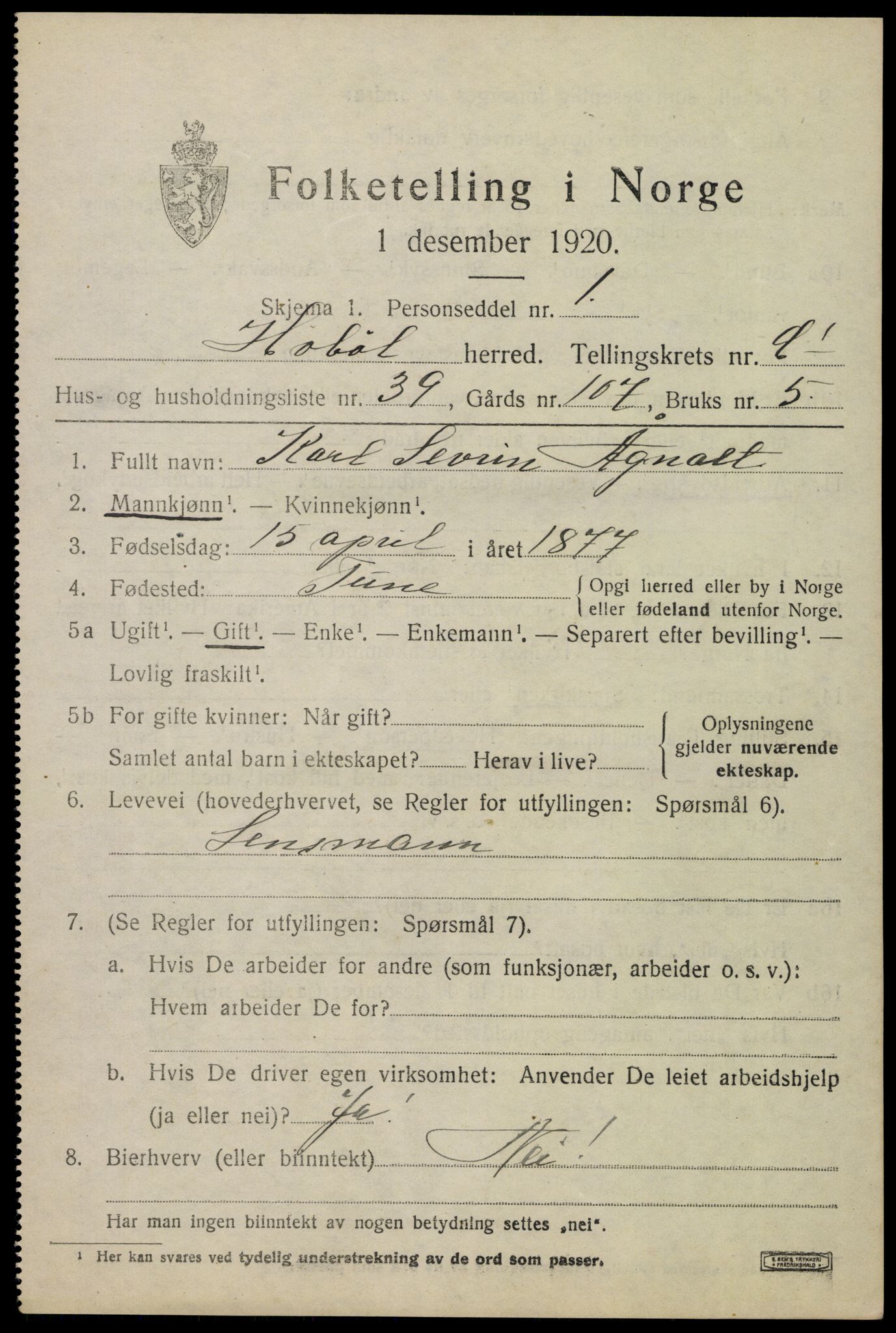 SAO, 1920 census for Hobøl, 1920, p. 2330