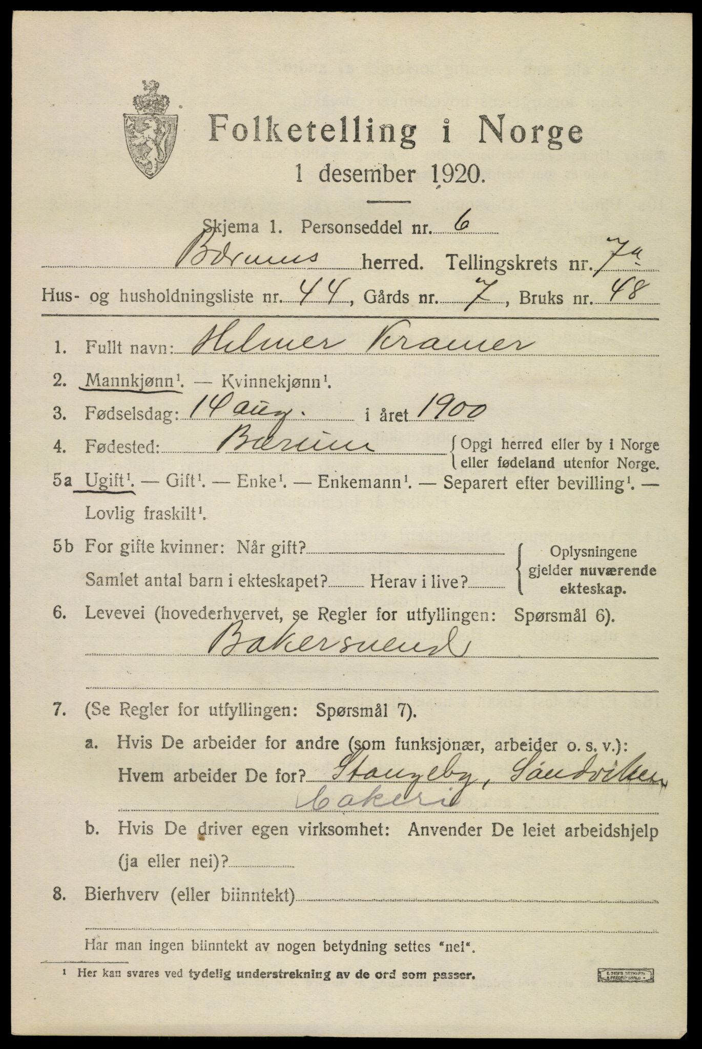 SAO, 1920 census for Bærum, 1920, p. 16624