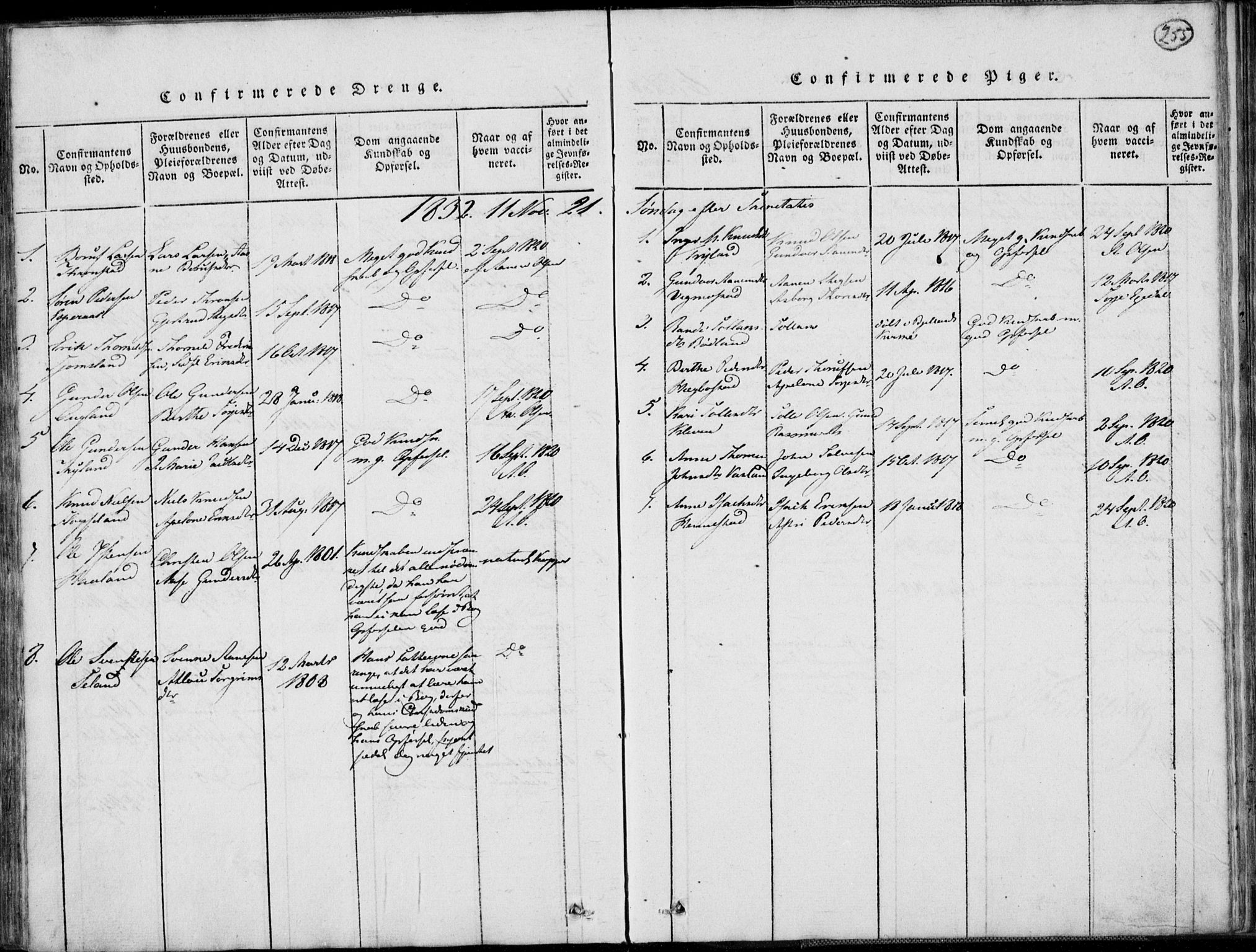 Nord-Audnedal sokneprestkontor, AV/SAK-1111-0032/F/Fb/Fbb/L0001: Parish register (copy) no. B 1, 1816-1858, p. 255