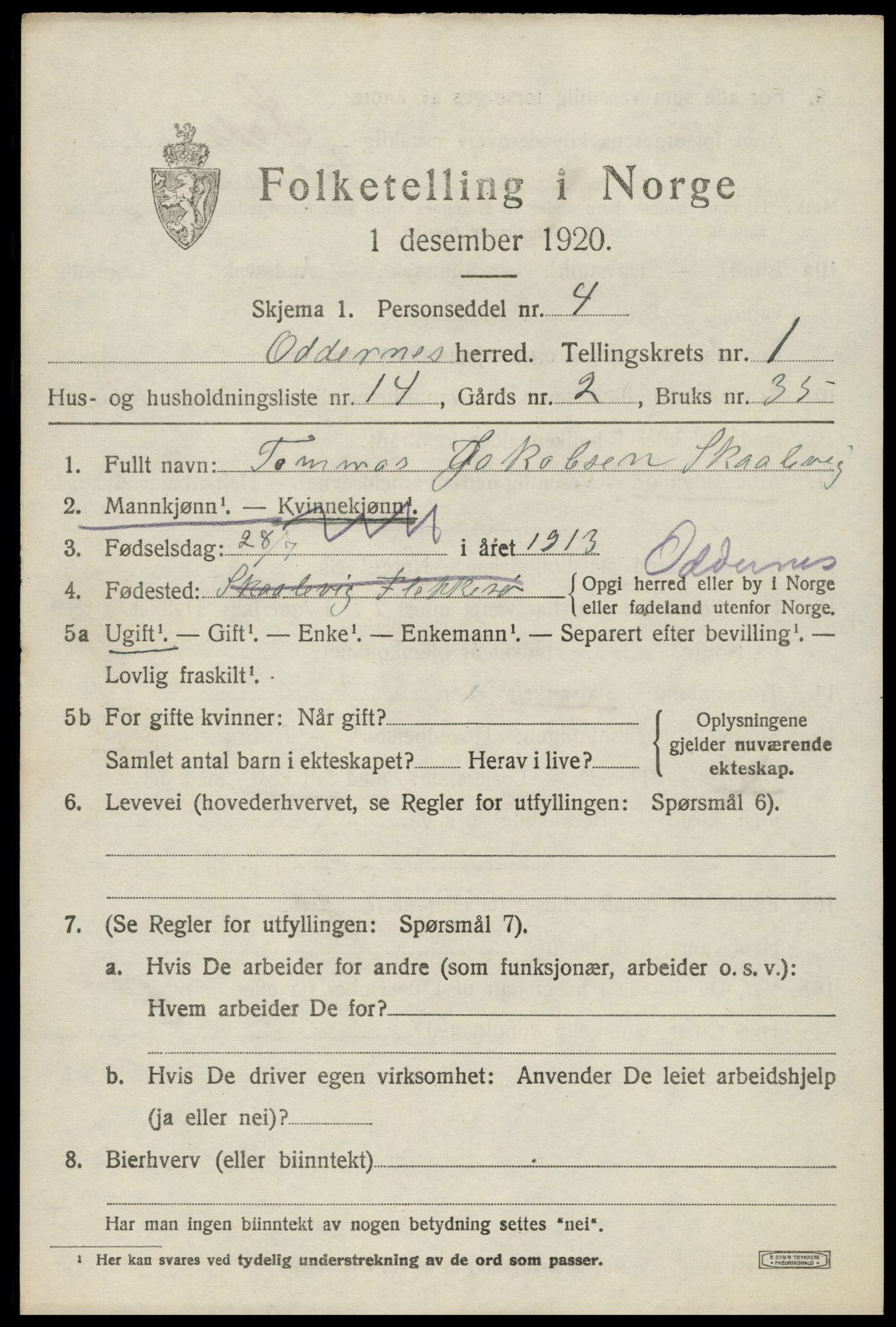 SAK, 1920 census for Oddernes, 1920, p. 2183