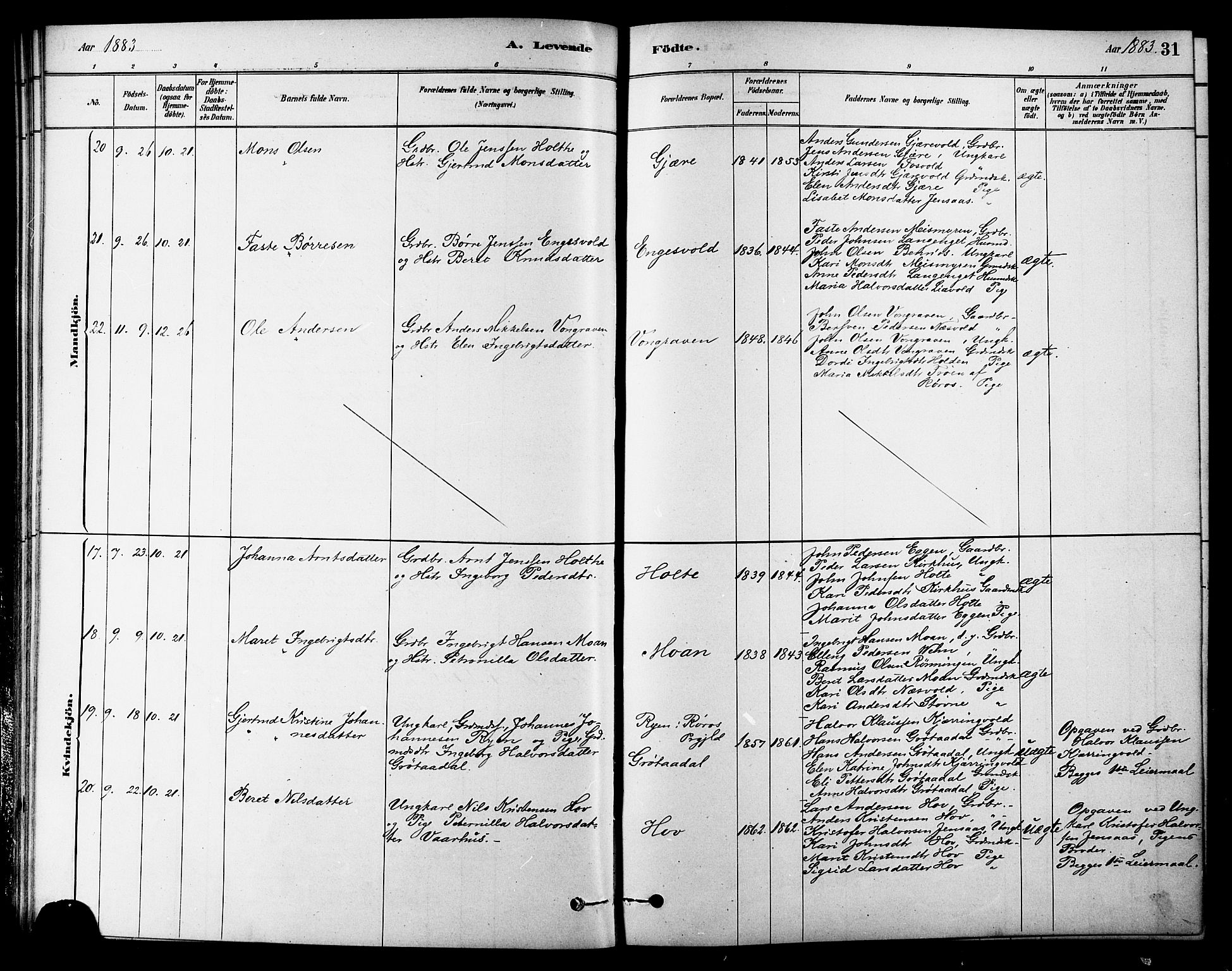 Ministerialprotokoller, klokkerbøker og fødselsregistre - Sør-Trøndelag, AV/SAT-A-1456/686/L0983: Parish register (official) no. 686A01, 1879-1890, p. 31