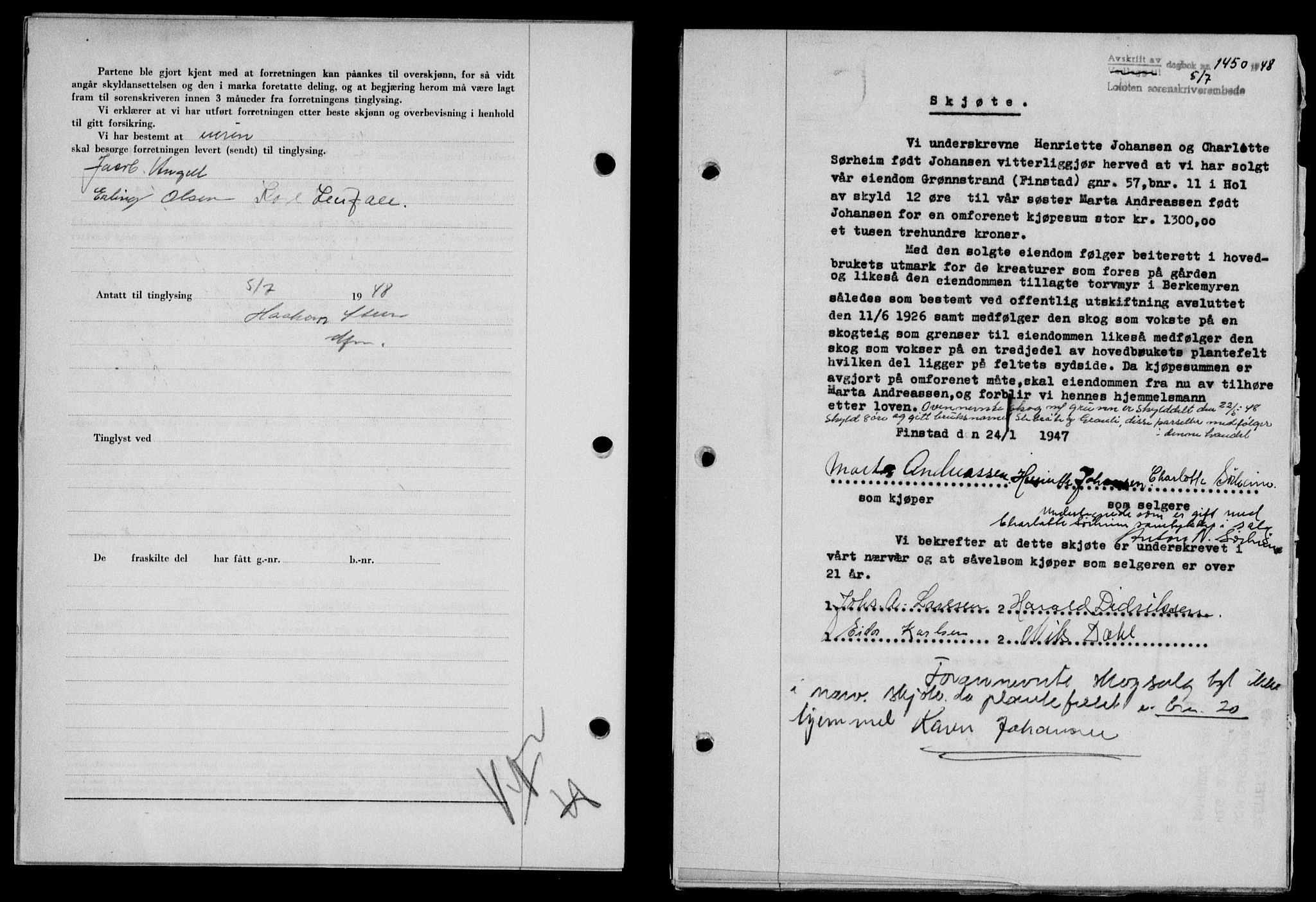 Lofoten sorenskriveri, SAT/A-0017/1/2/2C/L0018a: Mortgage book no. 18a, 1948-1948, Diary no: : 1450/1948