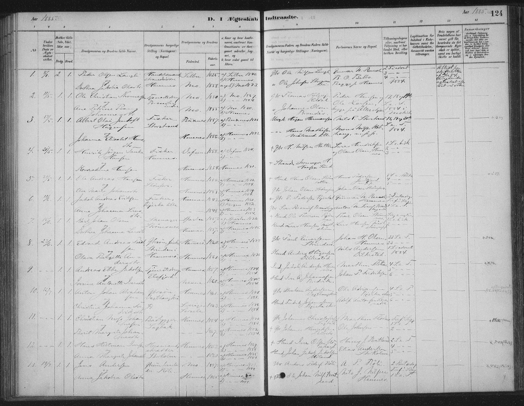 Ministerialprotokoller, klokkerbøker og fødselsregistre - Nordland, AV/SAT-A-1459/825/L0361: Parish register (official) no. 825A15, 1878-1893, p. 124