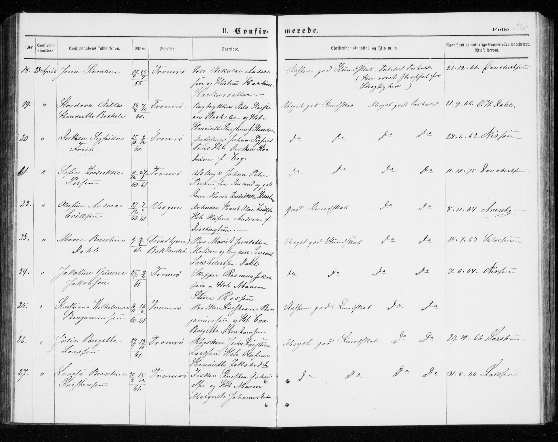 Tromsø sokneprestkontor/stiftsprosti/domprosti, AV/SATØ-S-1343/G/Gb/L0008klokker: Parish register (copy) no. 8, 1875-1879, p. 130