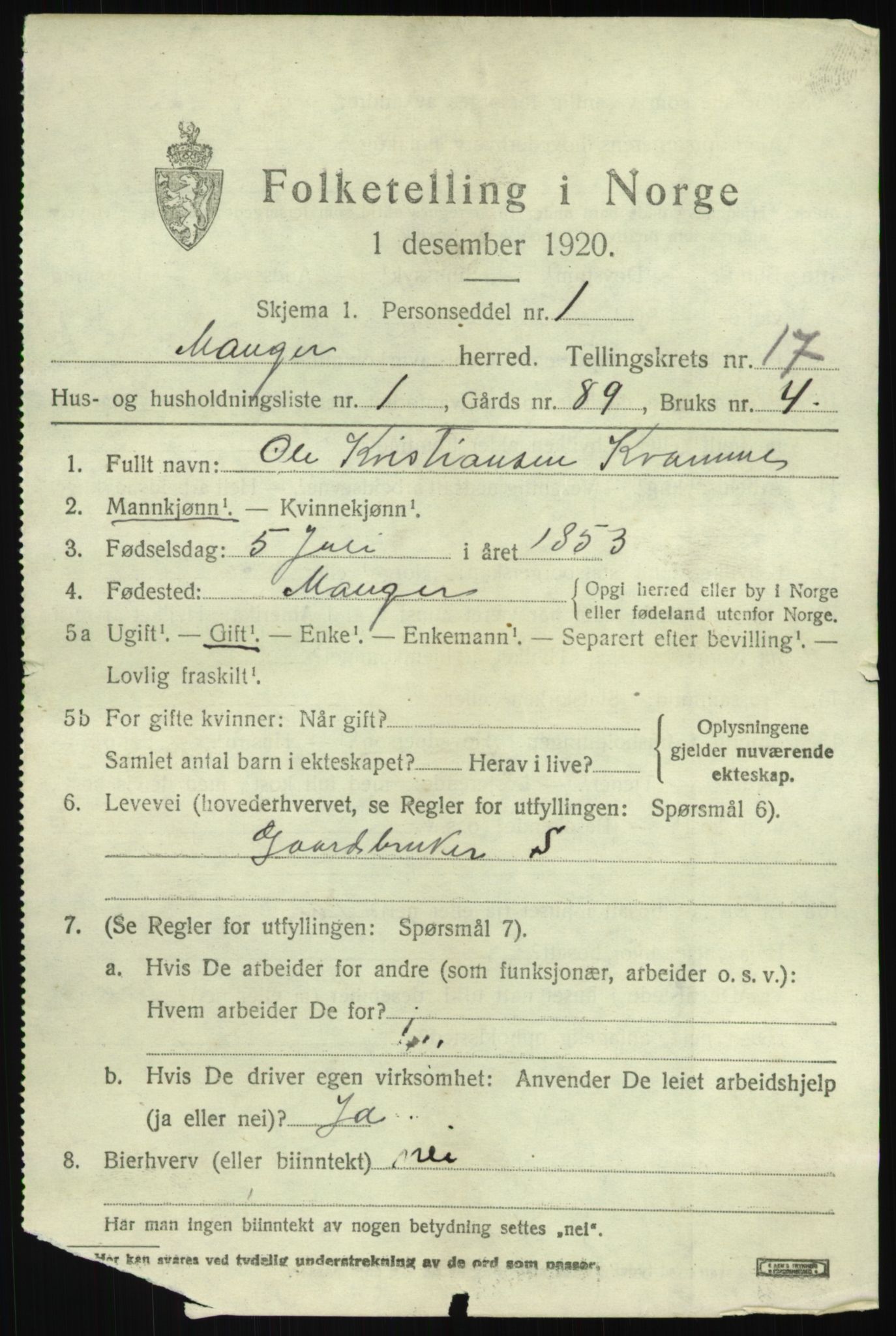 SAB, 1920 census for Manger, 1920, p. 9514