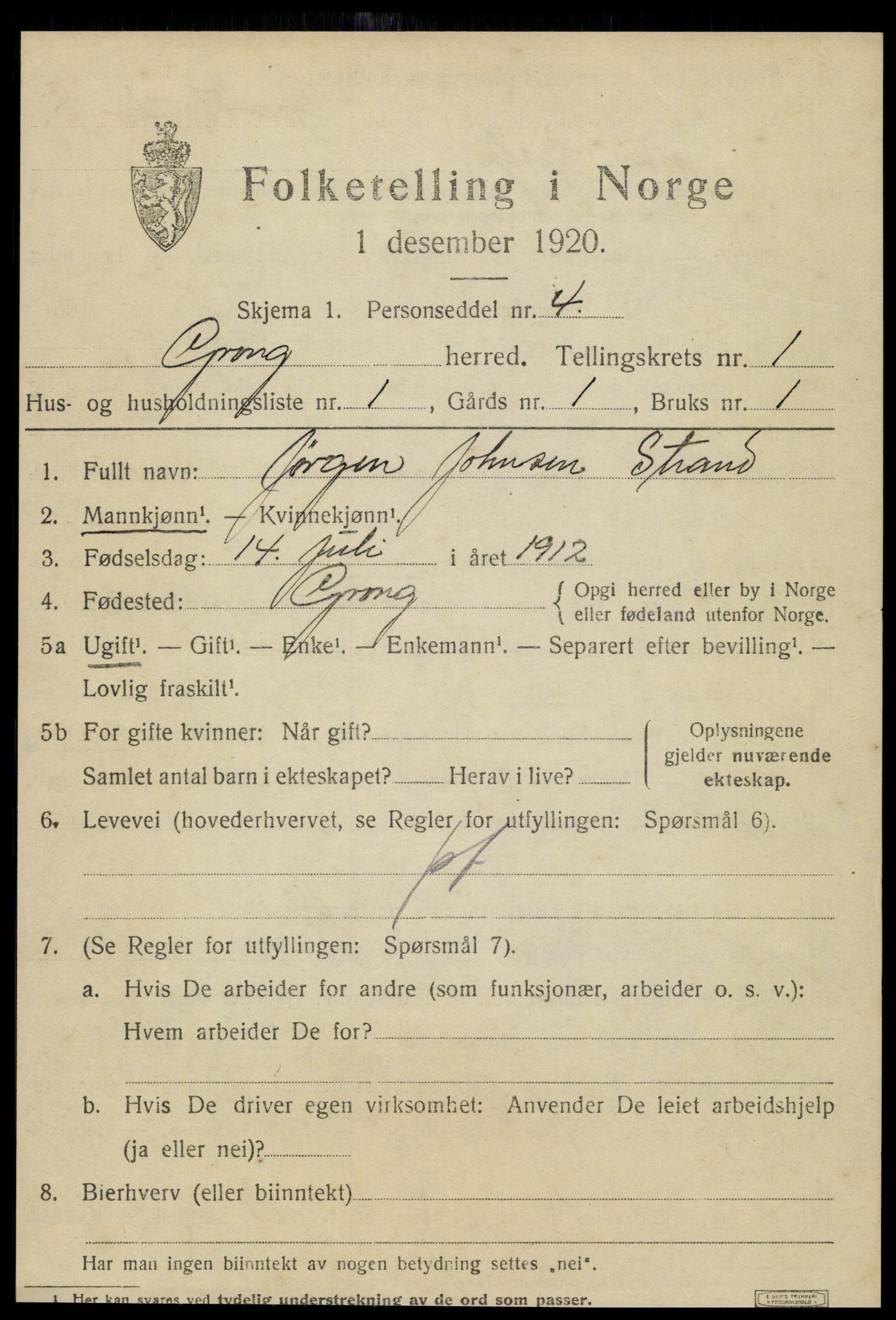 SAT, 1920 census for Grong, 1920, p. 1037