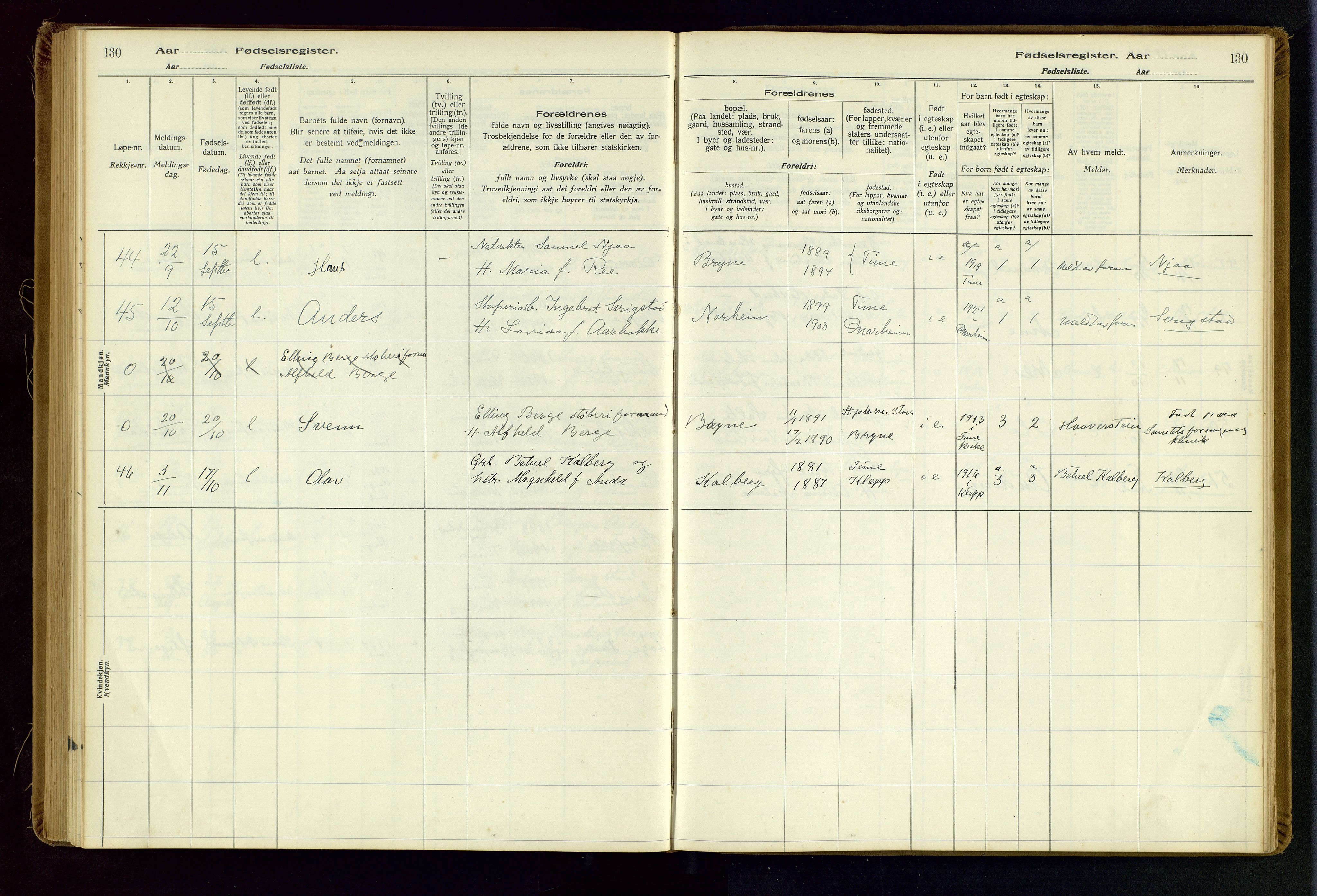 Time sokneprestkontor, AV/SAST-A-101795/001/704BA/L0001: Birth register no. 1, 1916-1934, p. 130