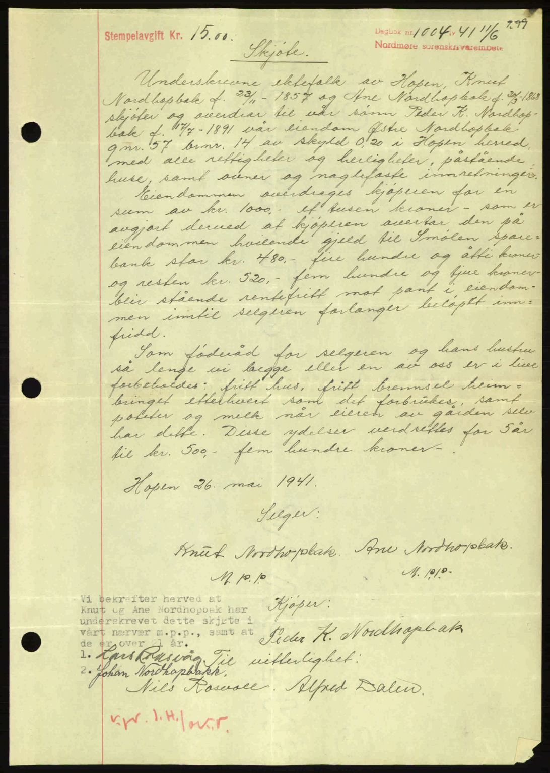 Nordmøre sorenskriveri, SAT/A-4132/1/2/2Ca: Mortgage book no. A90, 1941-1941, Diary no: : 1004/1941