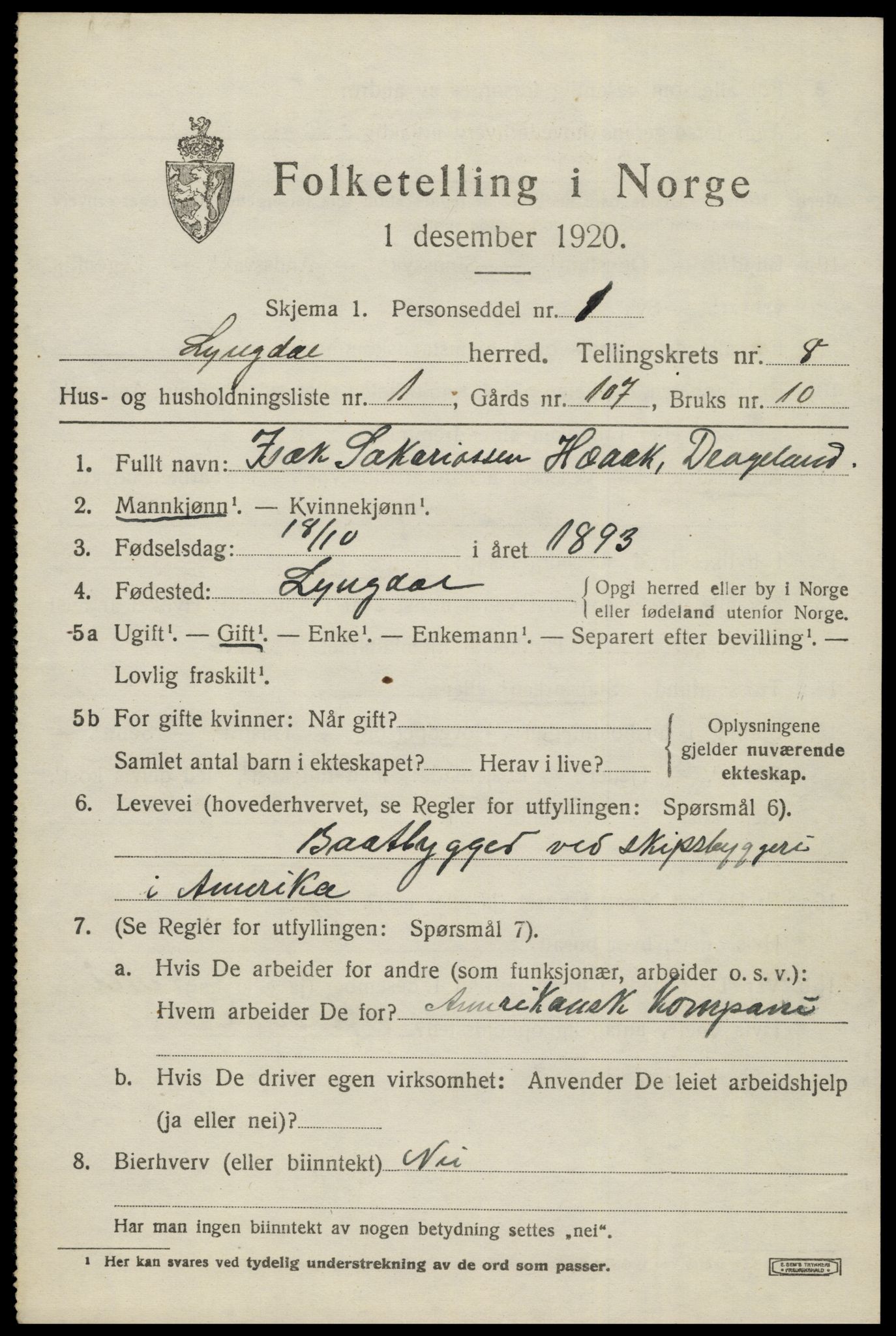 SAK, 1920 census for Lyngdal, 1920, p. 4093