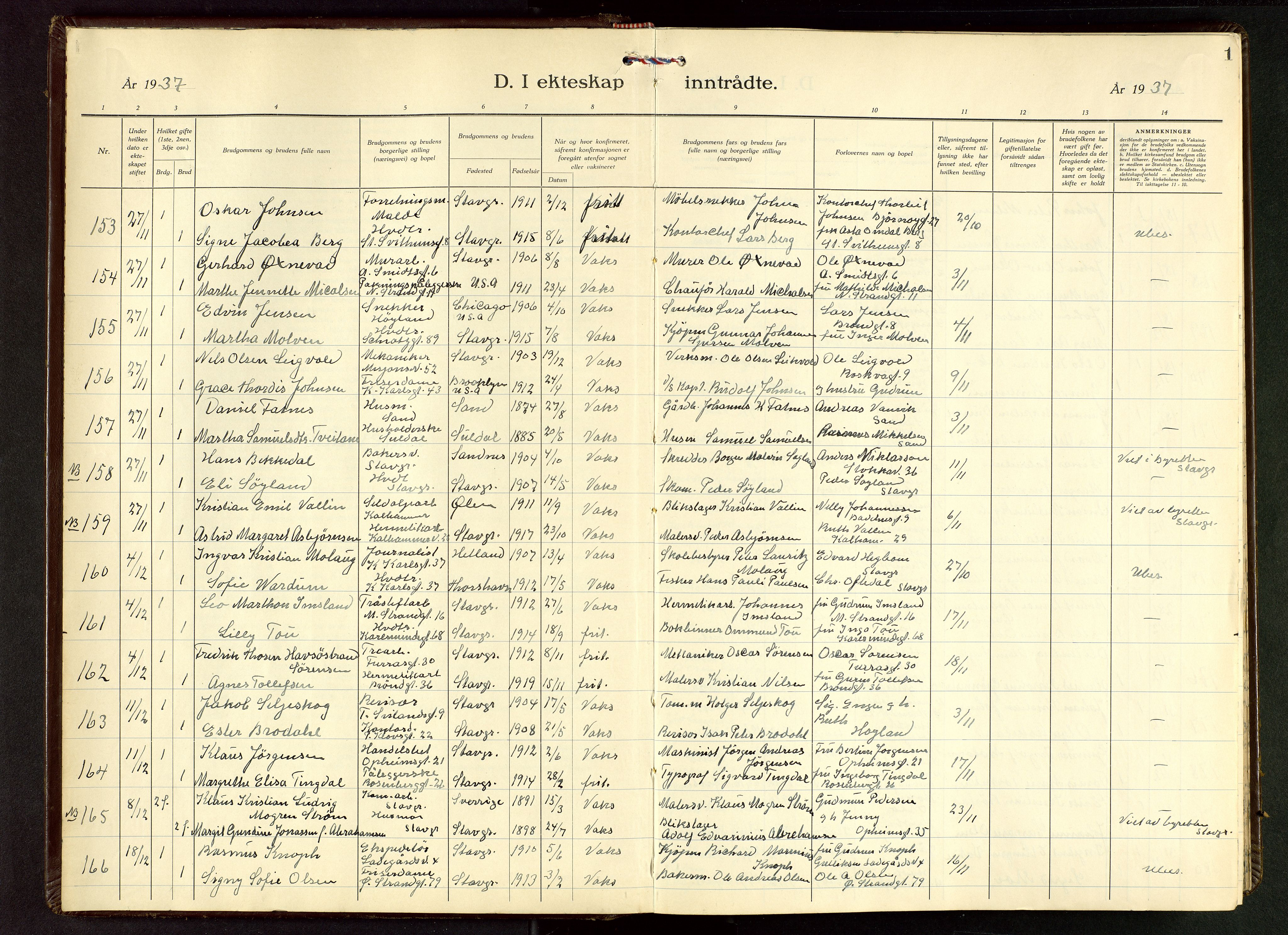 Domkirken sokneprestkontor, AV/SAST-A-101812/001/30/30BB/L0022: Parish register (copy) no. B 22, 1937-1949, p. 1