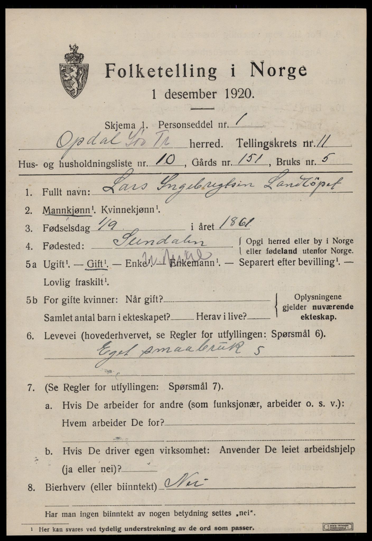 SAT, 1920 census for Oppdal, 1920, p. 9325