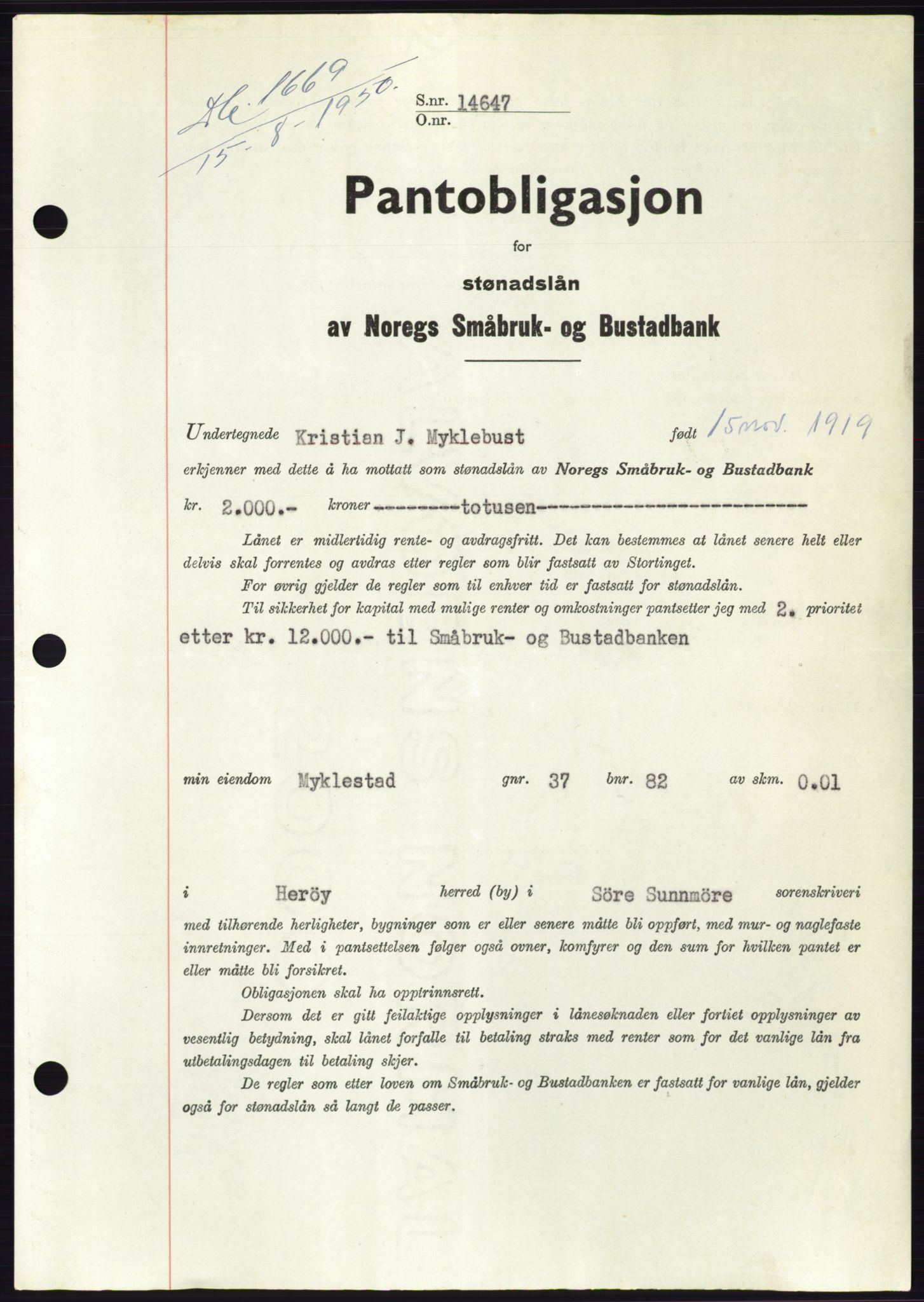 Søre Sunnmøre sorenskriveri, AV/SAT-A-4122/1/2/2C/L0119: Mortgage book no. 7B, 1950-1951, Diary no: : 1669/1950