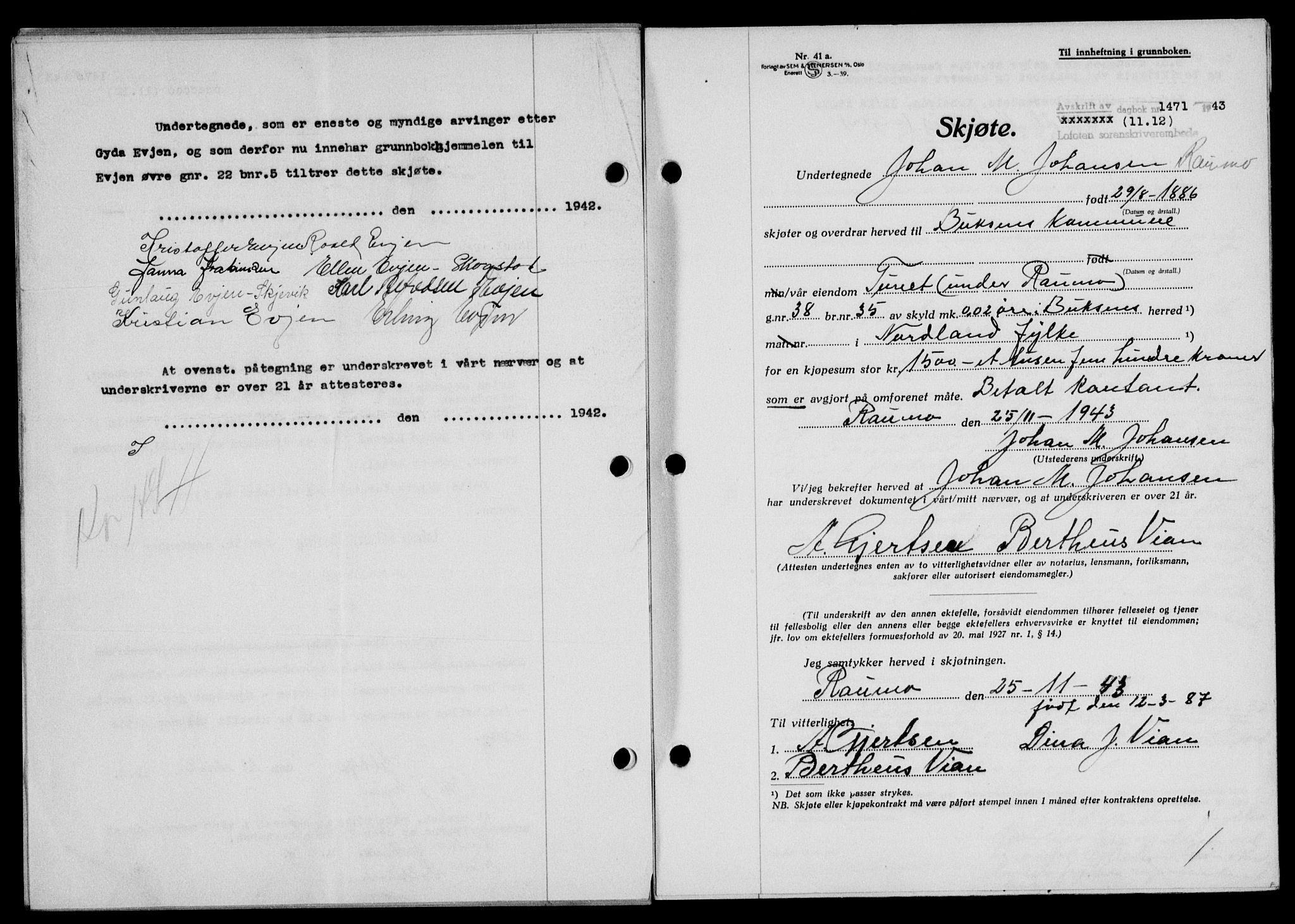 Lofoten sorenskriveri, SAT/A-0017/1/2/2C/L0012a: Mortgage book no. 12a, 1943-1944, Diary no: : 1471/1943