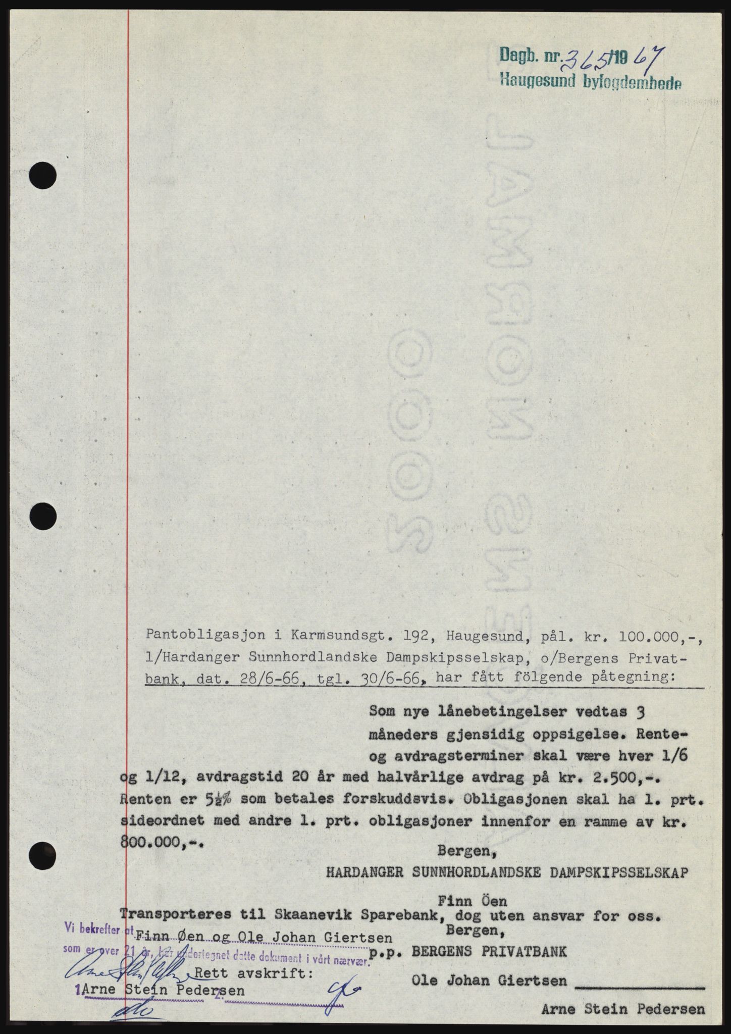 Haugesund tingrett, SAST/A-101415/01/II/IIC/L0056: Mortgage book no. B 56, 1966-1967, Diary no: : 365/1967