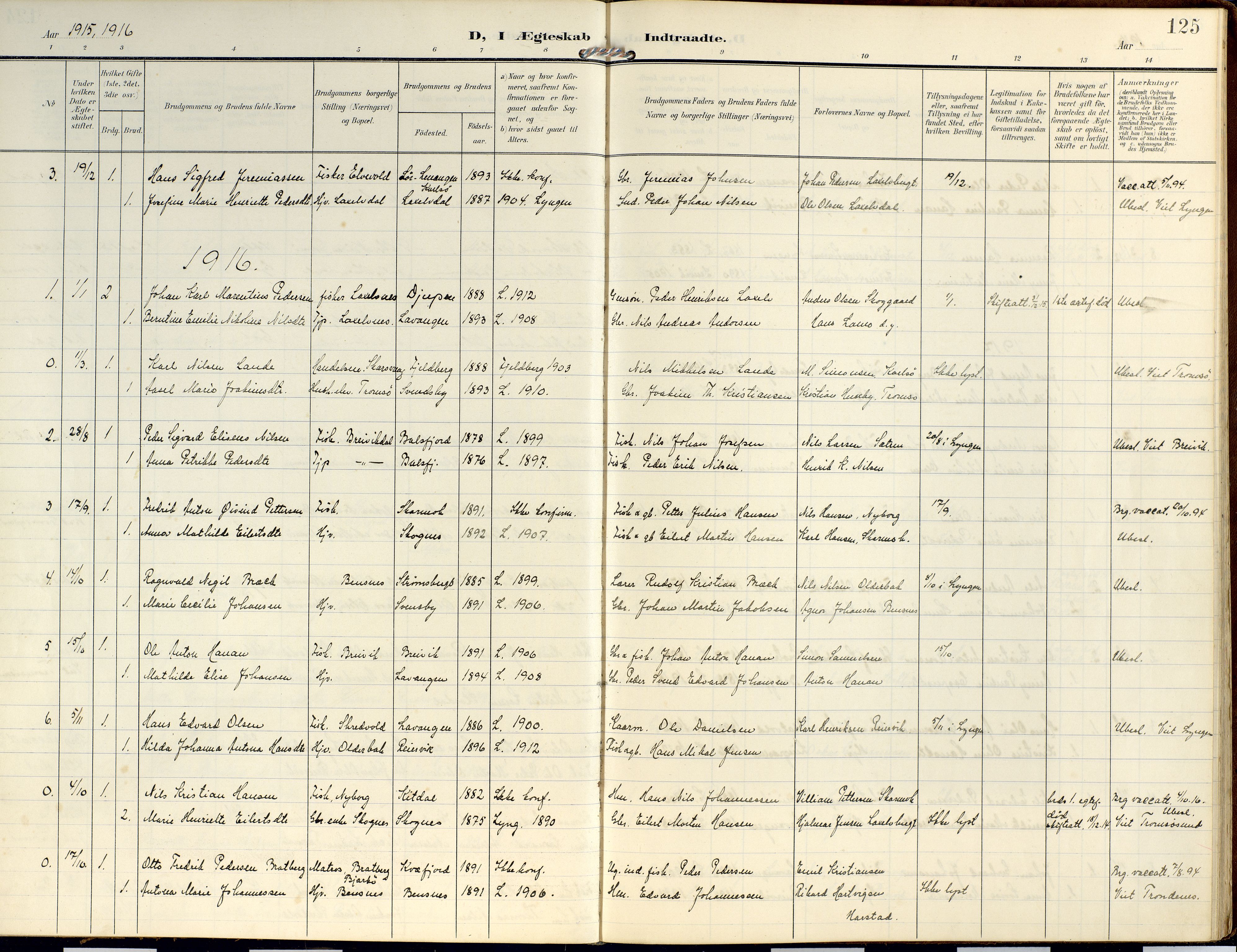 Lyngen sokneprestembete, SATØ/S-1289/H/He/Hea/L0014kirke: Parish register (official) no. 14, 1905-1920, p. 125
