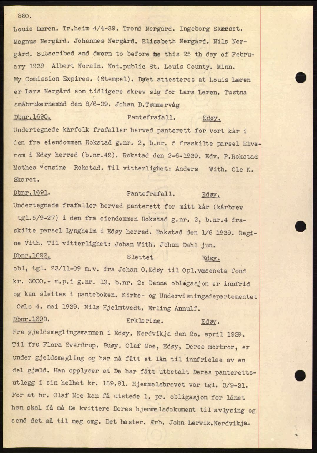 Nordmøre sorenskriveri, AV/SAT-A-4132/1/2/2Ca: Mortgage book no. C80, 1936-1939, Diary no: : 1690/1939