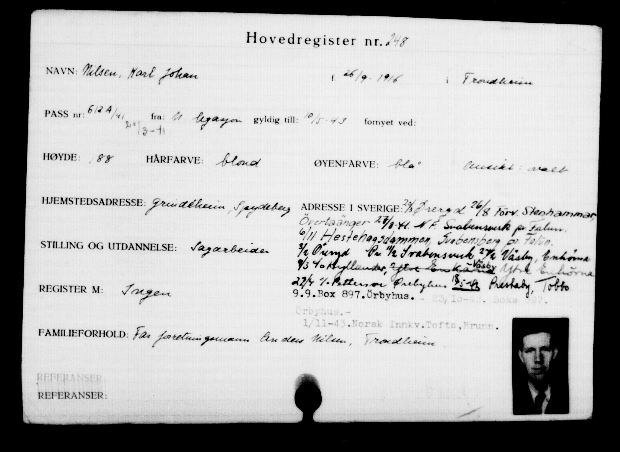 Utenriksstasjonene, Legasjonen i Stockholm, Flyktningkontoret, AV/RA-S-6753/V/Va/L0001: Kjesäterkartoteket, flyktninger med registreringsnr. 1-1000, 1940-1945, p. 395