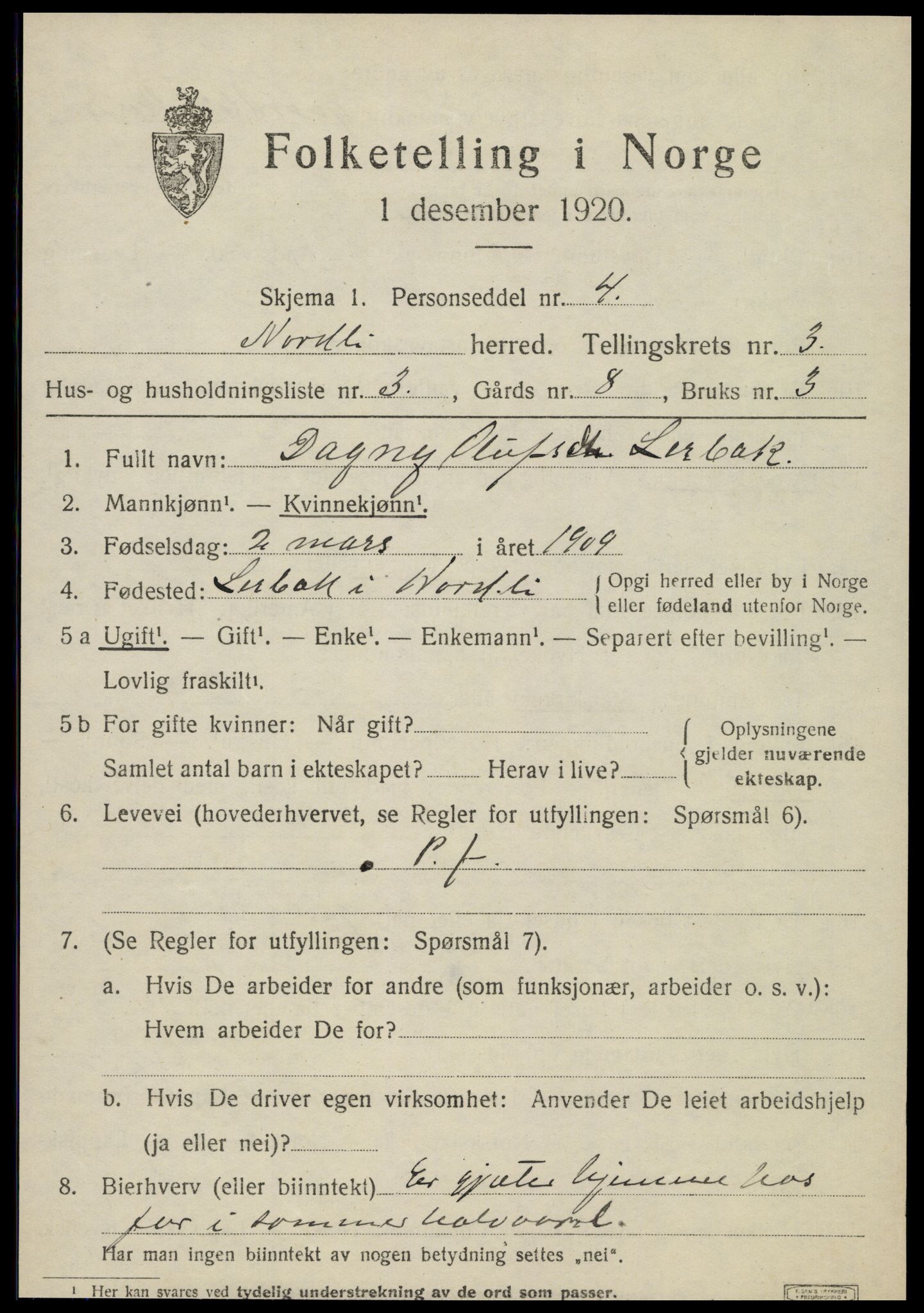 SAT, 1920 census for Nordli, 1920, p. 1437