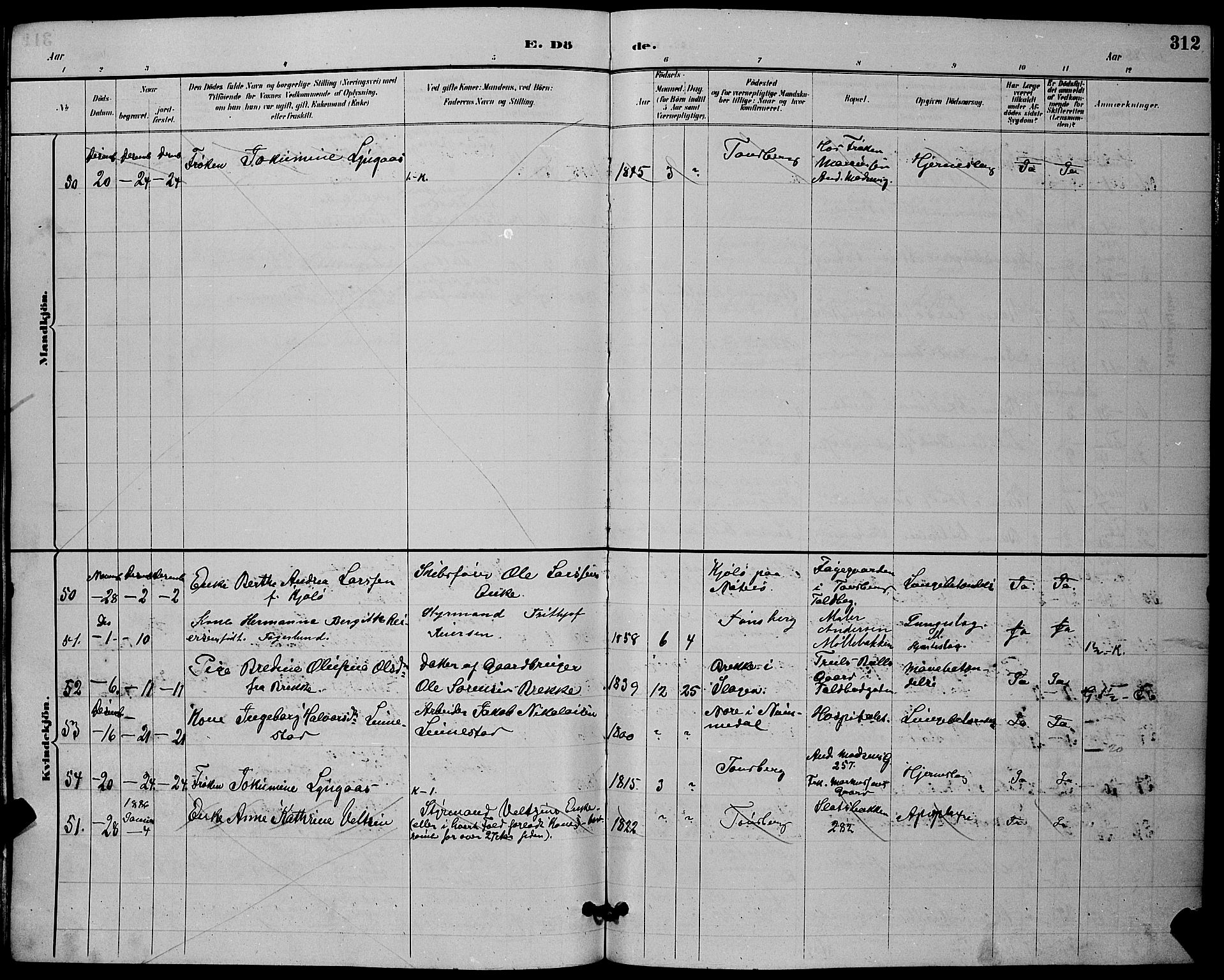 Tønsberg kirkebøker, AV/SAKO-A-330/G/Ga/L0006: Parish register (copy) no. 6, 1885-1895, p. 312