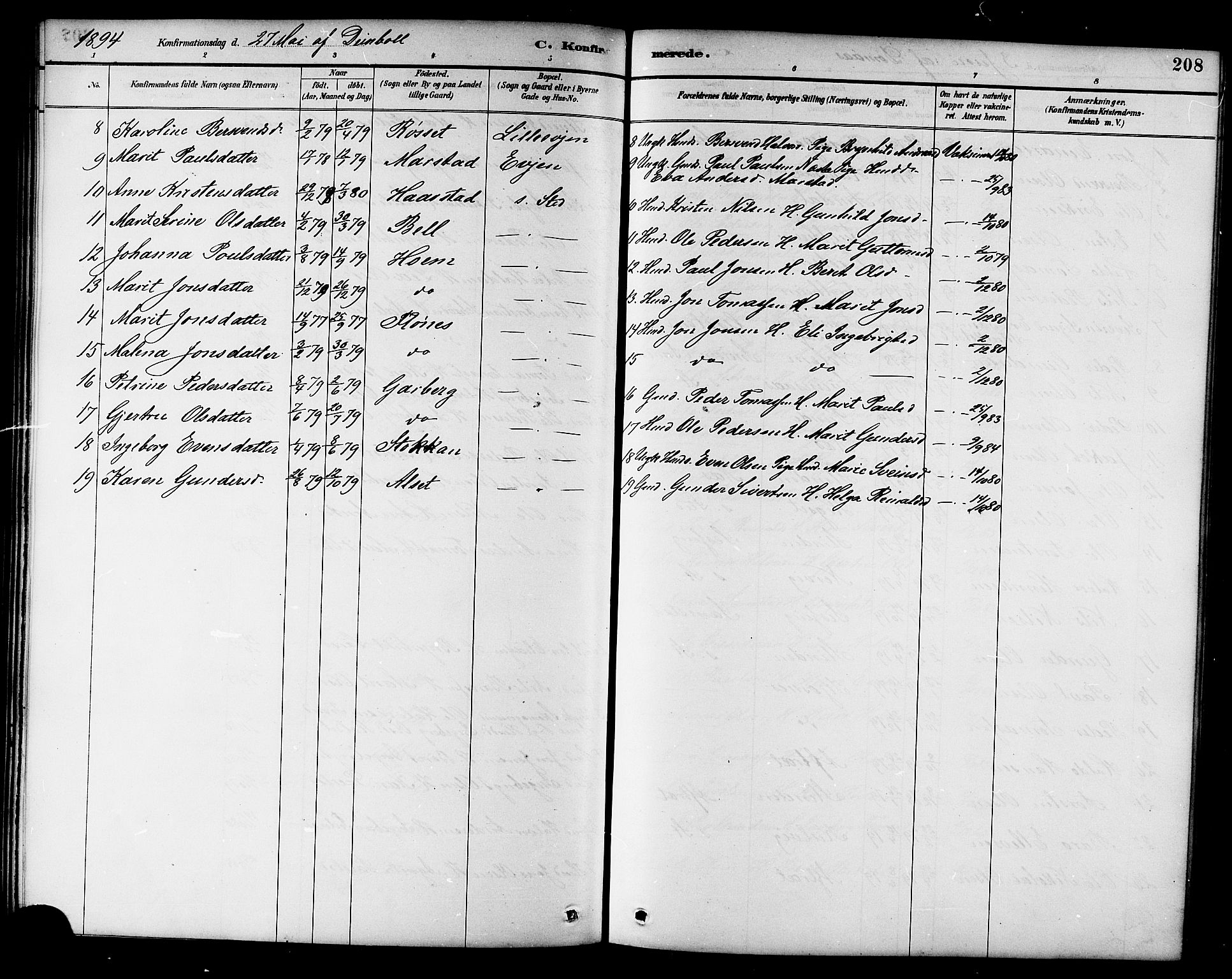 Ministerialprotokoller, klokkerbøker og fødselsregistre - Sør-Trøndelag, AV/SAT-A-1456/695/L1157: Parish register (copy) no. 695C08, 1889-1913, p. 208