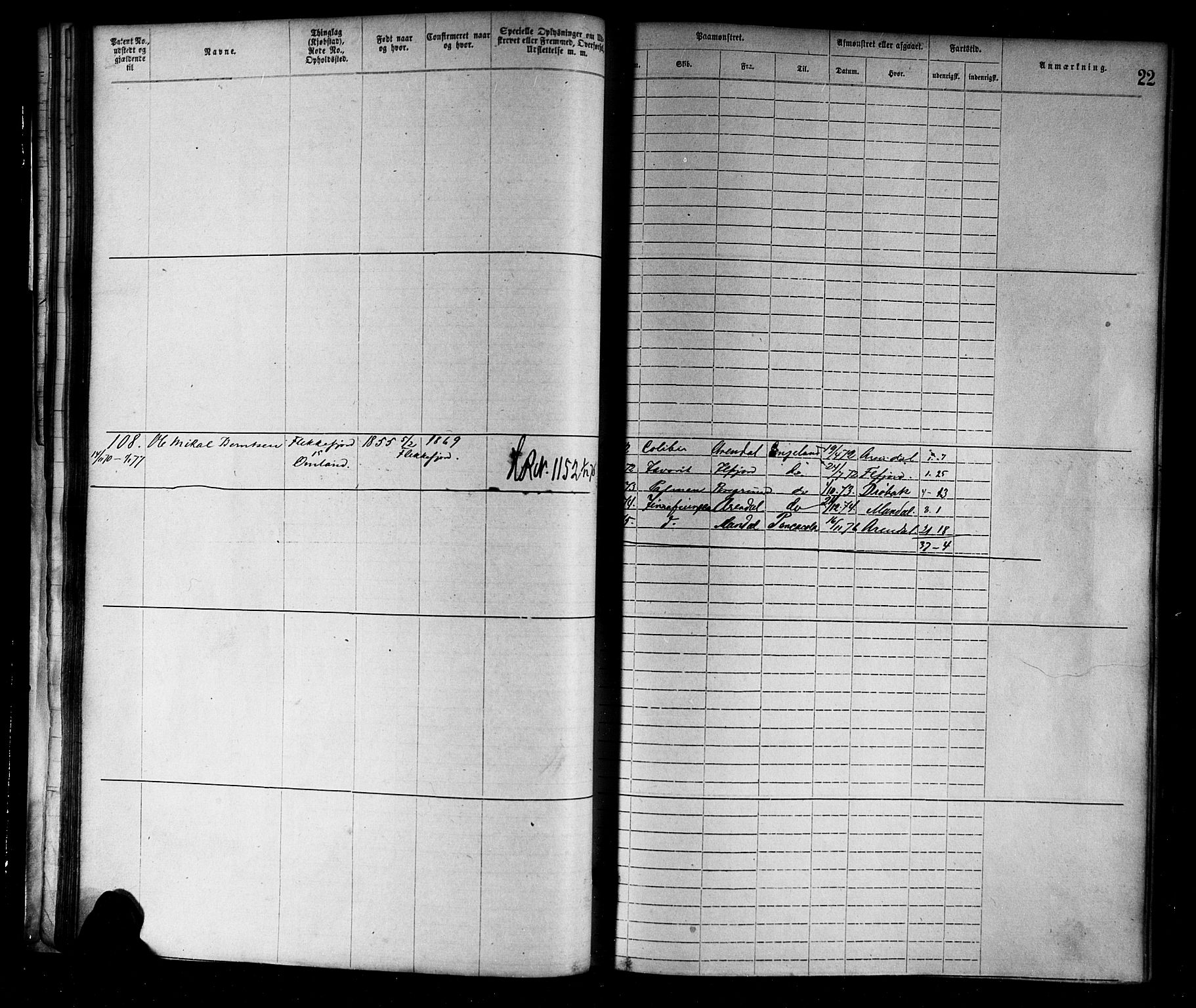 Flekkefjord mønstringskrets, SAK/2031-0018/F/Fa/L0002: Annotasjonsrulle nr 1-1920 med register, N-2, 1870-1891, p. 42