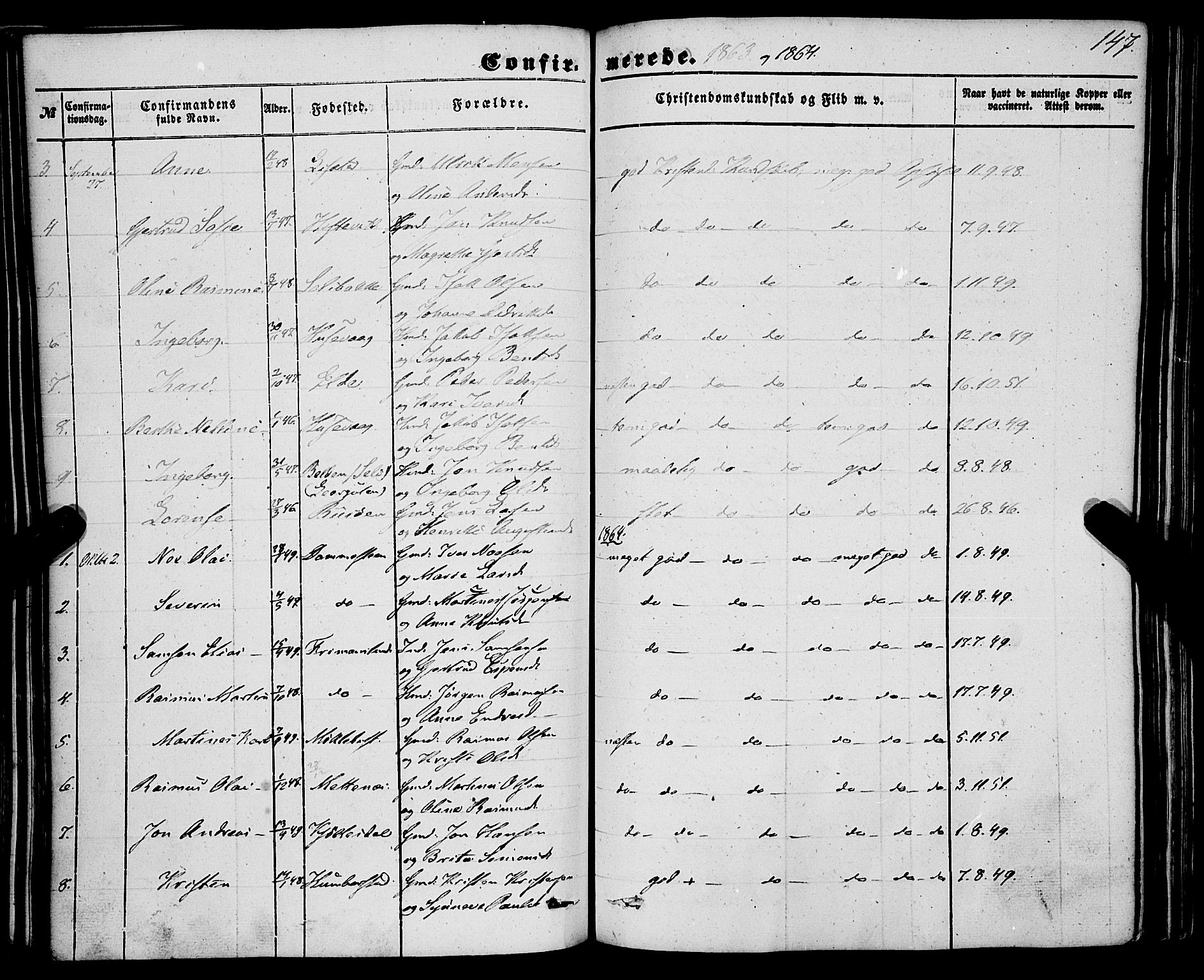 Davik sokneprestembete, AV/SAB-A-79701/H/Haa/Haaa/L0005: Parish register (official) no. A 5, 1850-1866, p. 147