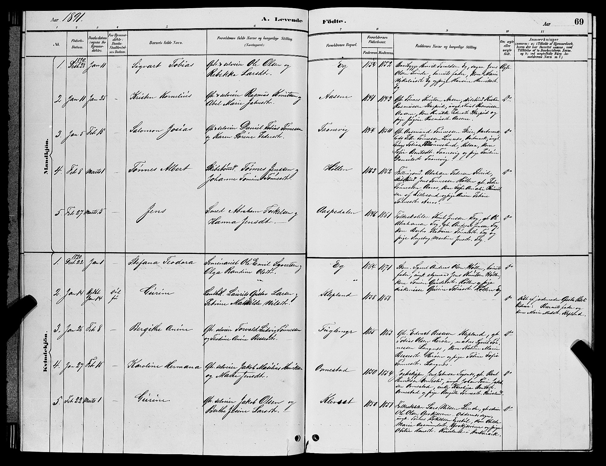 Søgne sokneprestkontor, SAK/1111-0037/F/Fb/Fbb/L0005: Parish register (copy) no. B 5, 1884-1891, p. 69