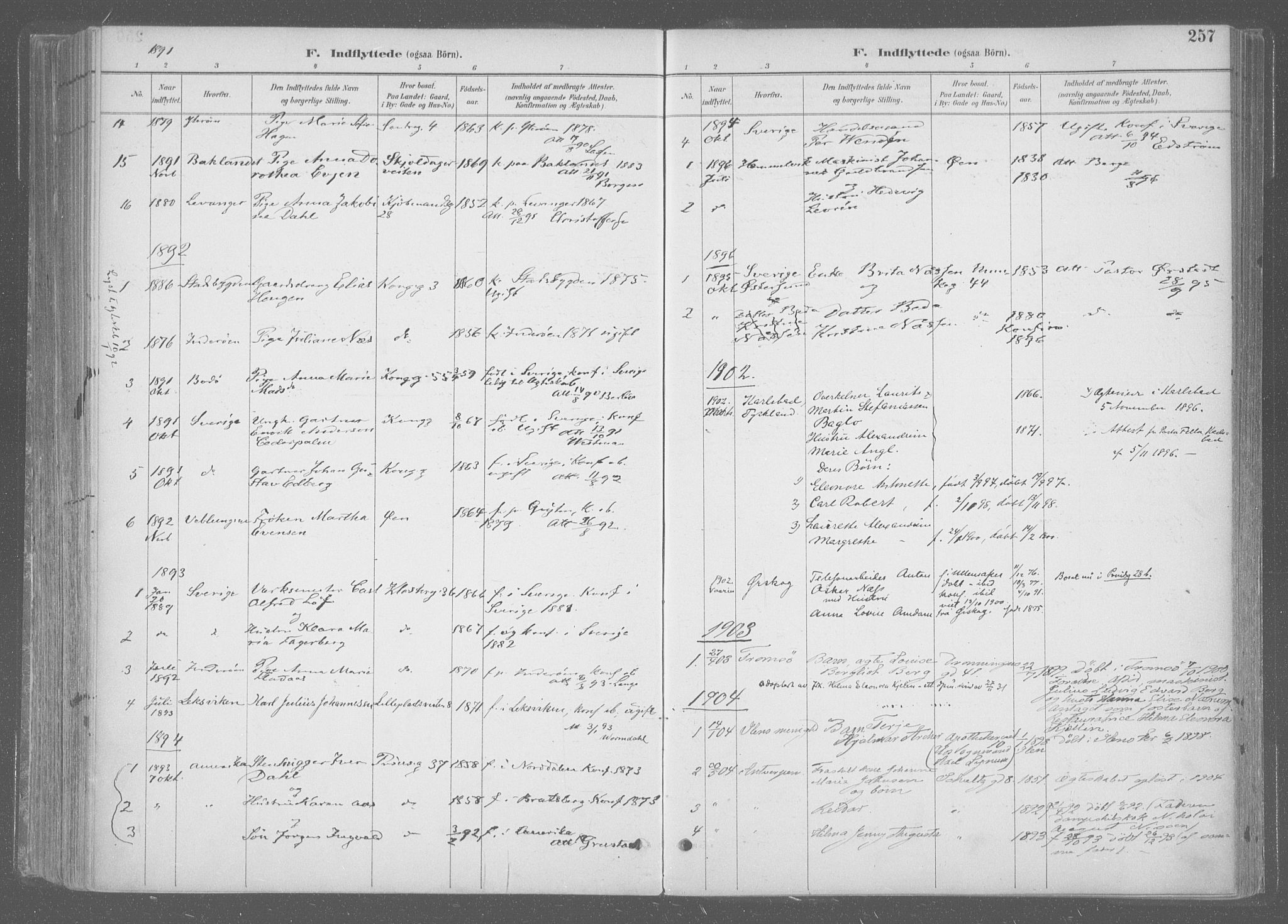 Ministerialprotokoller, klokkerbøker og fødselsregistre - Sør-Trøndelag, SAT/A-1456/601/L0064: Parish register (official) no. 601A31, 1891-1911, p. 257