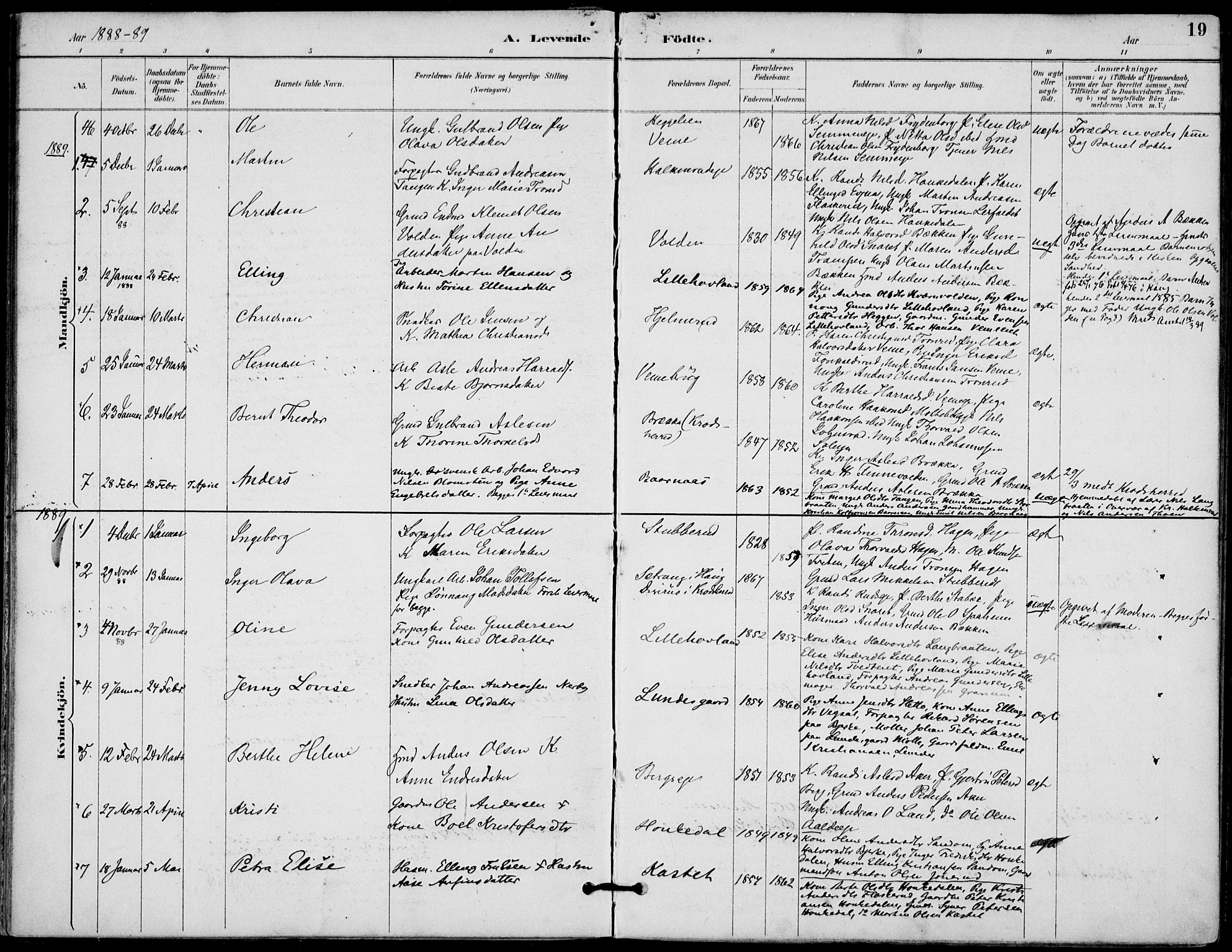 Lunder kirkebøker, SAKO/A-629/F/Fa/L0001: Parish register (official) no. I 1, 1885-1912, p. 19