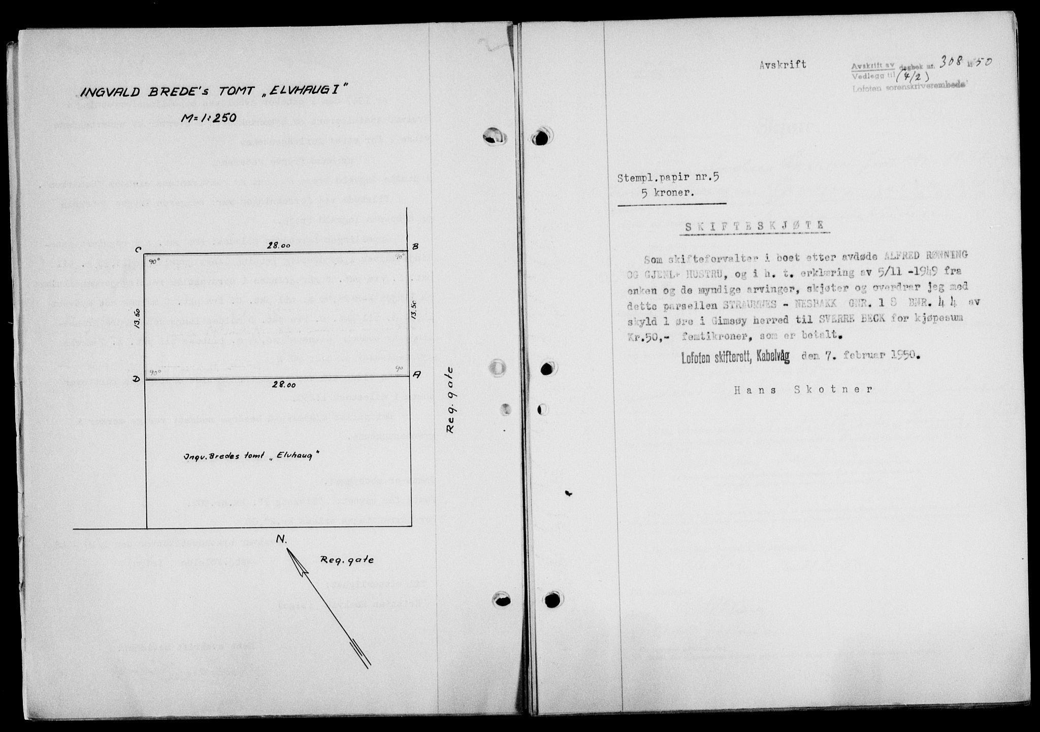 Lofoten sorenskriveri, SAT/A-0017/1/2/2C/L0023a: Mortgage book no. 23a, 1950-1950, Diary no: : 308/1950