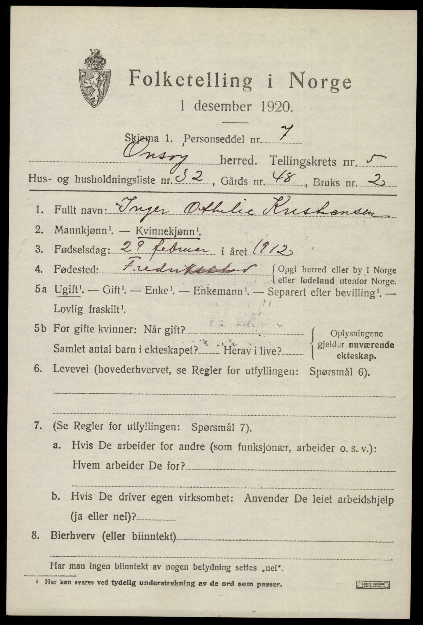 SAO, 1920 census for Onsøy, 1920, p. 6876