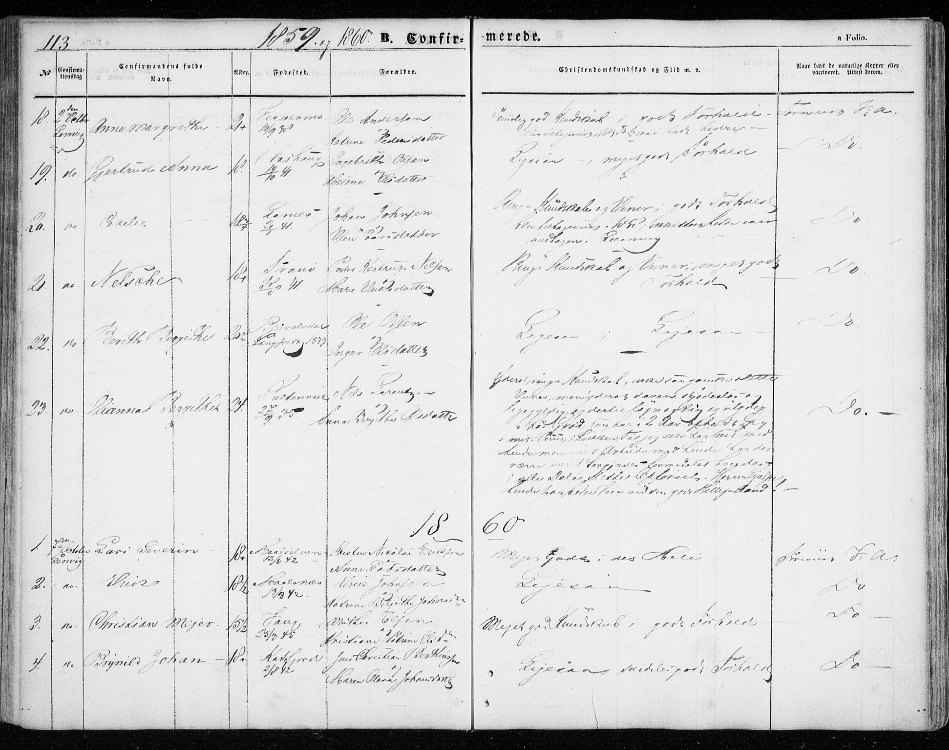 Lenvik sokneprestembete, SATØ/S-1310/H/Ha/Haa/L0007kirke: Parish register (official) no. 7, 1855-1865, p. 113