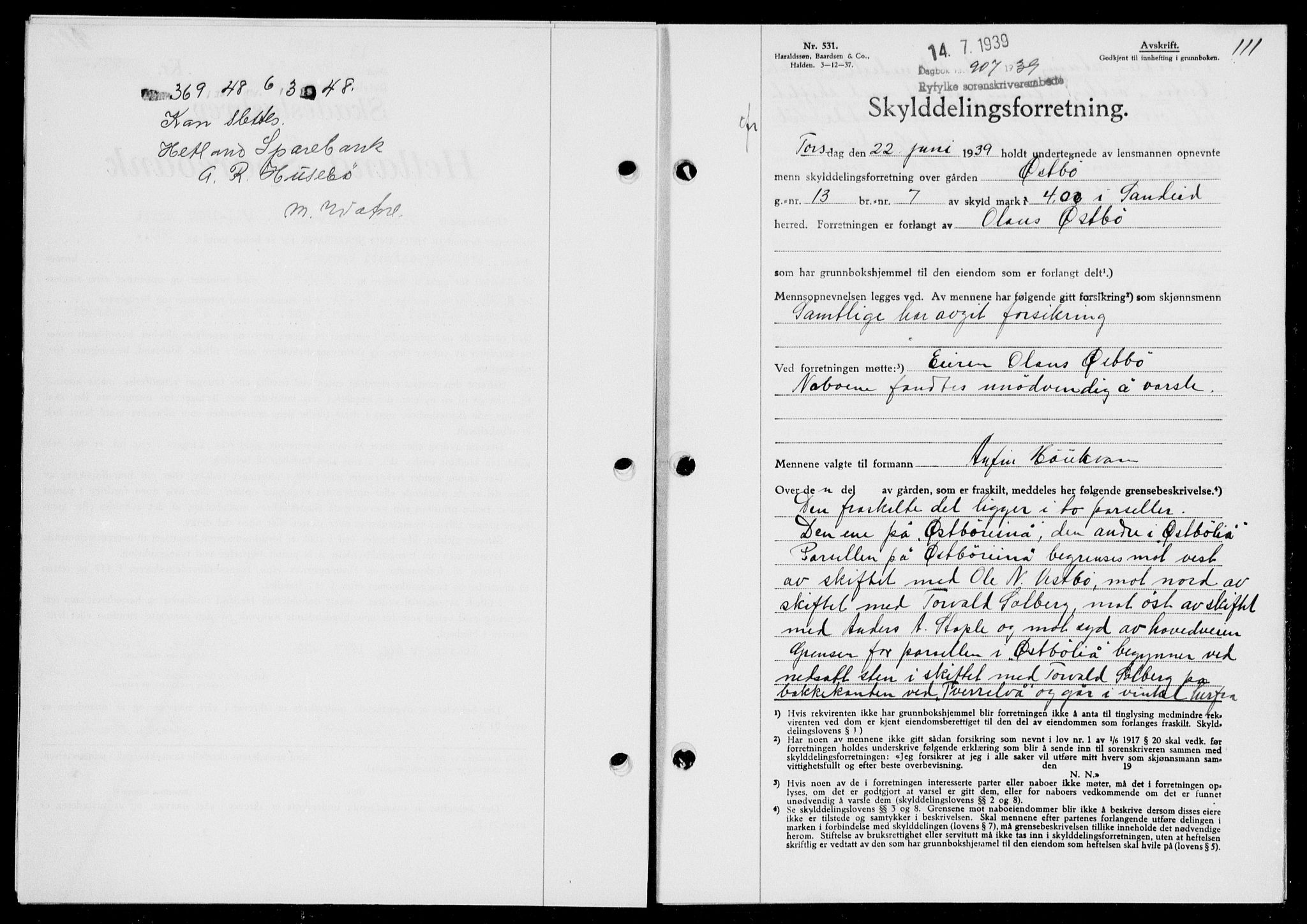 Ryfylke tingrett, AV/SAST-A-100055/001/II/IIB/L0080: Mortgage book no. 59, 1939-1939, Diary no: : 907/1939