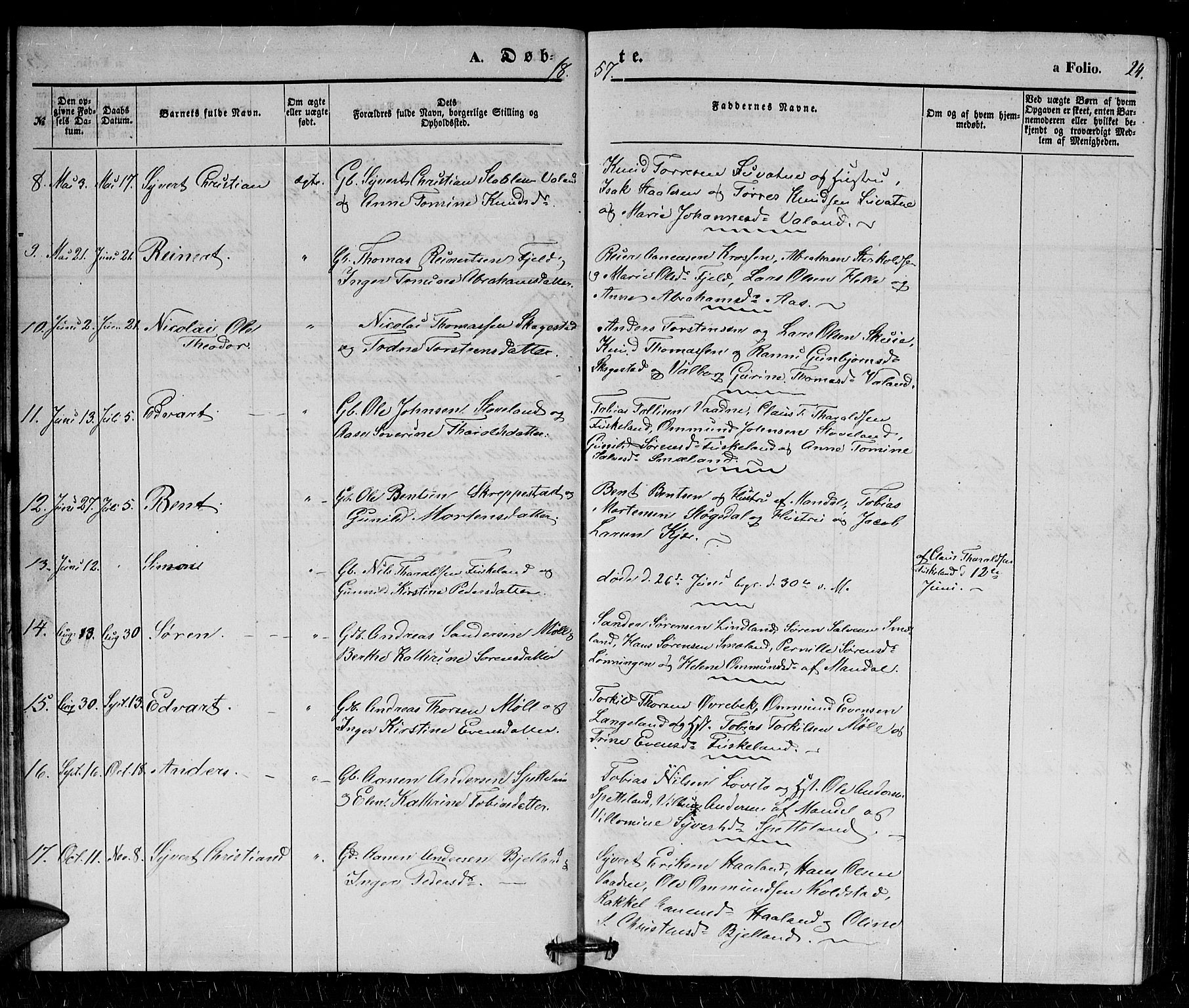 Holum sokneprestkontor, AV/SAK-1111-0022/F/Fb/Fba/L0003: Parish register (copy) no. B 3, 1850-1866, p. 24