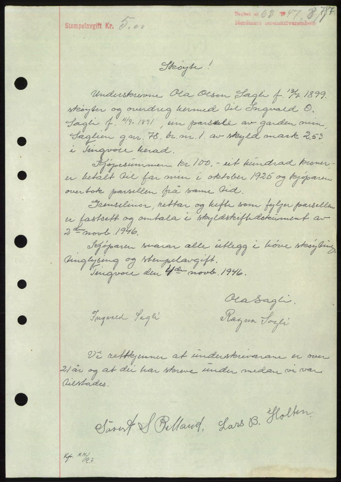 Nordmøre sorenskriveri, AV/SAT-A-4132/1/2/2Ca: Mortgage book no. A103, 1946-1947, Diary no: : 63/1947