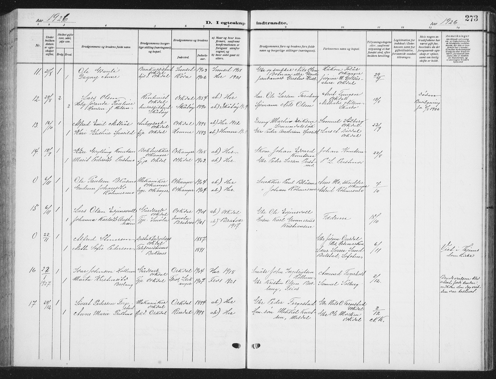 Ministerialprotokoller, klokkerbøker og fødselsregistre - Sør-Trøndelag, SAT/A-1456/668/L0820: Parish register (copy) no. 668C09, 1912-1936, p. 273