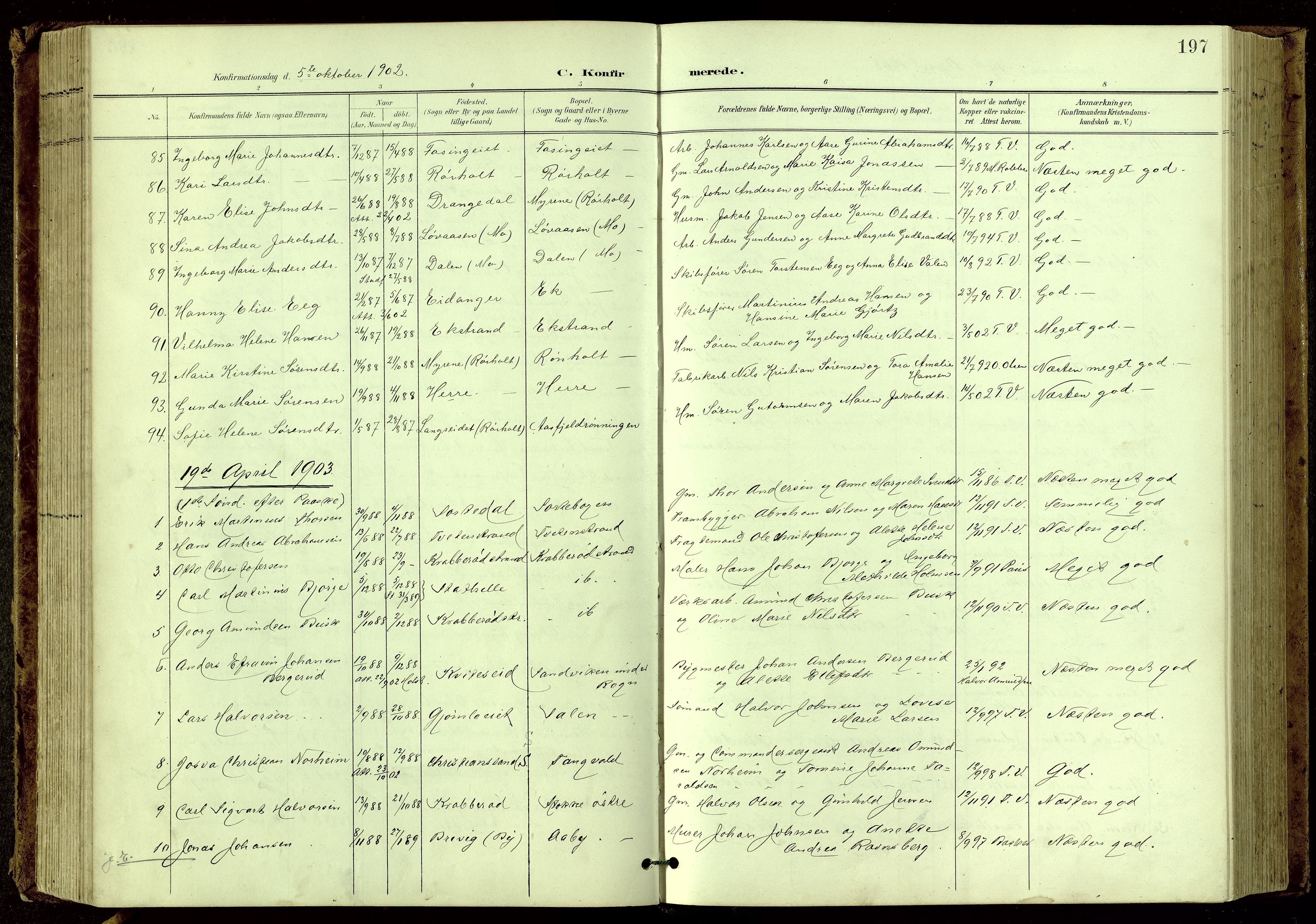 Bamble kirkebøker, SAKO/A-253/G/Ga/L0010: Parish register (copy) no. I 10, 1901-1919, p. 197