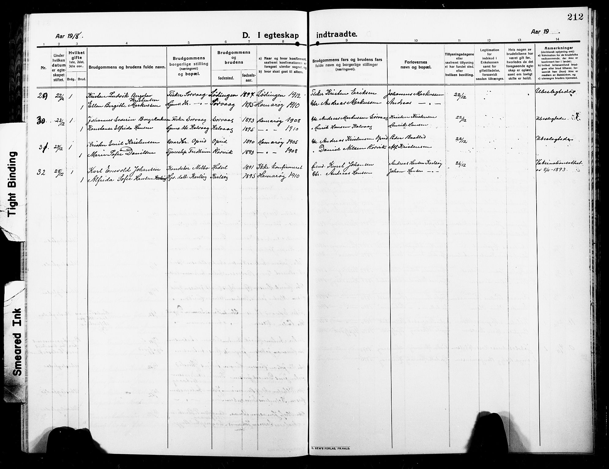 Ministerialprotokoller, klokkerbøker og fødselsregistre - Nordland, AV/SAT-A-1459/859/L0861: Parish register (copy) no. 859C07, 1910-1925, p. 212