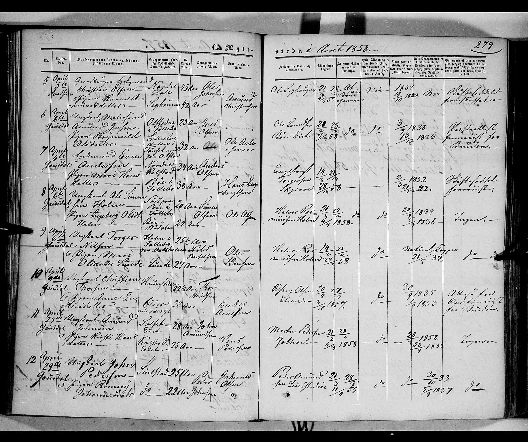 Gausdal prestekontor, SAH/PREST-090/H/Ha/Haa/L0008: Parish register (official) no. 8, 1850-1861, p. 279