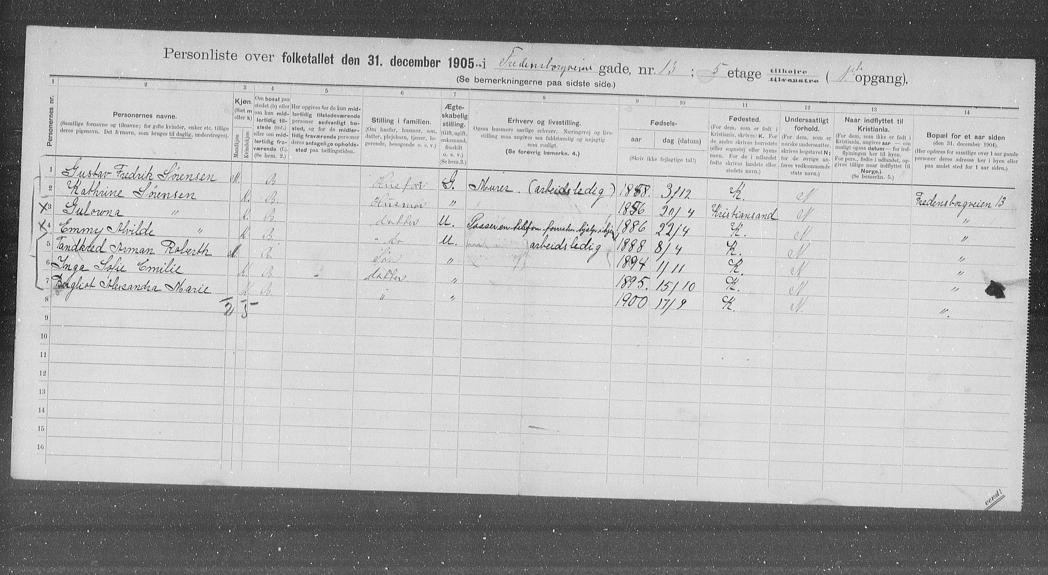 OBA, Municipal Census 1905 for Kristiania, 1905, p. 13313