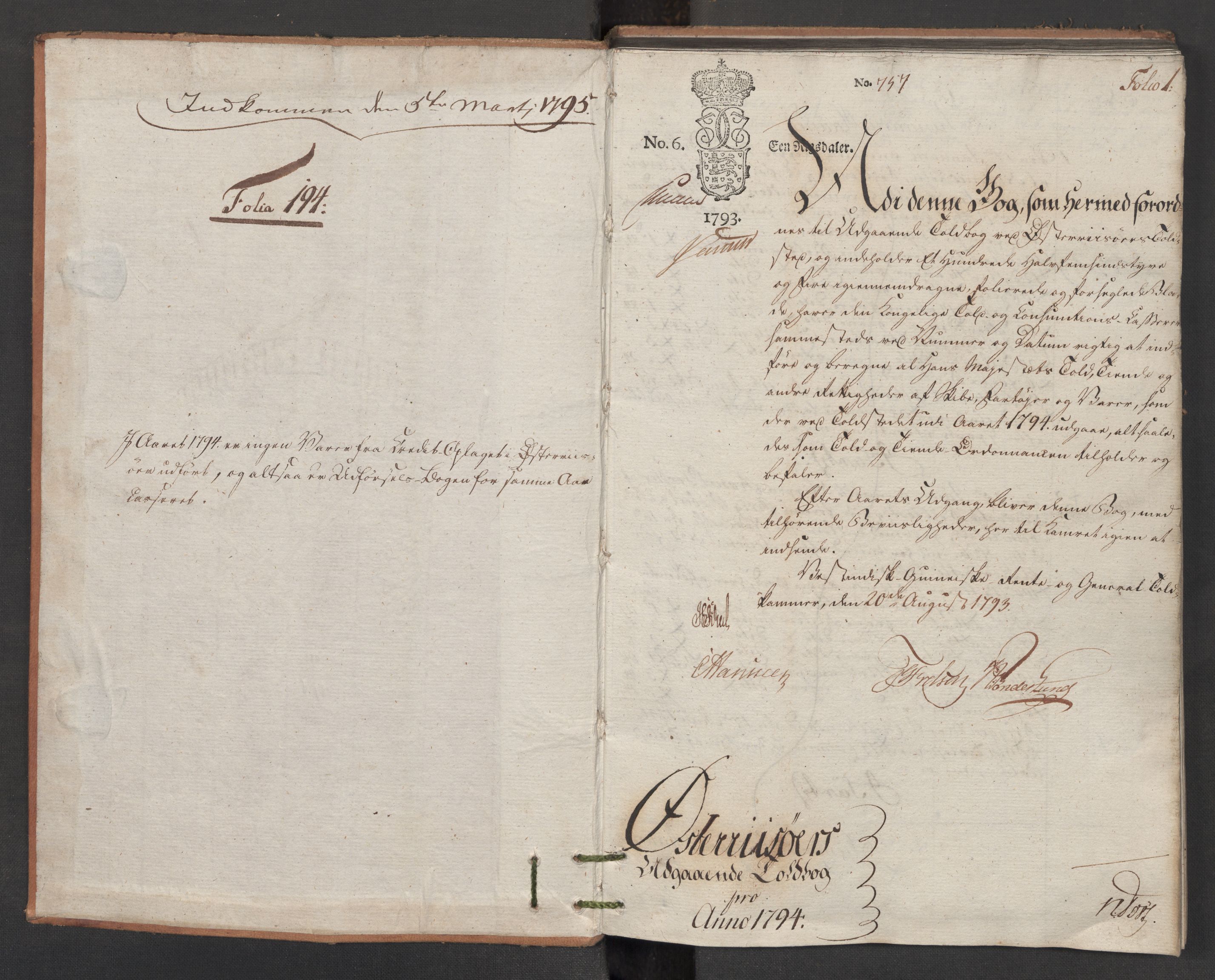 Generaltollkammeret, tollregnskaper, AV/RA-EA-5490/R14/L0117/0001: Tollregnskaper Øster-Risør / Utgående tollbok, 1794, p. 1a