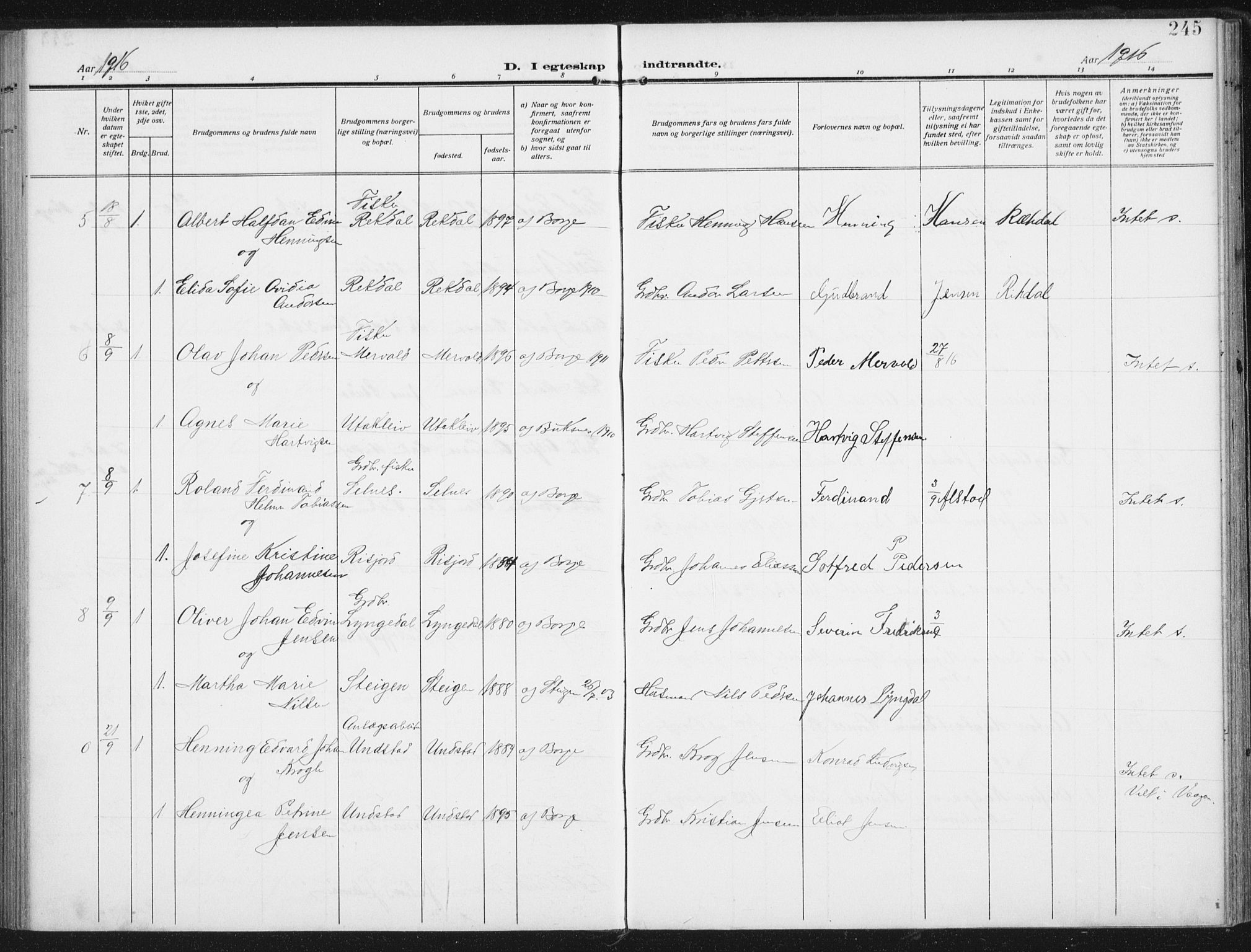 Ministerialprotokoller, klokkerbøker og fødselsregistre - Nordland, AV/SAT-A-1459/880/L1135: Parish register (official) no. 880A09, 1908-1919, p. 245