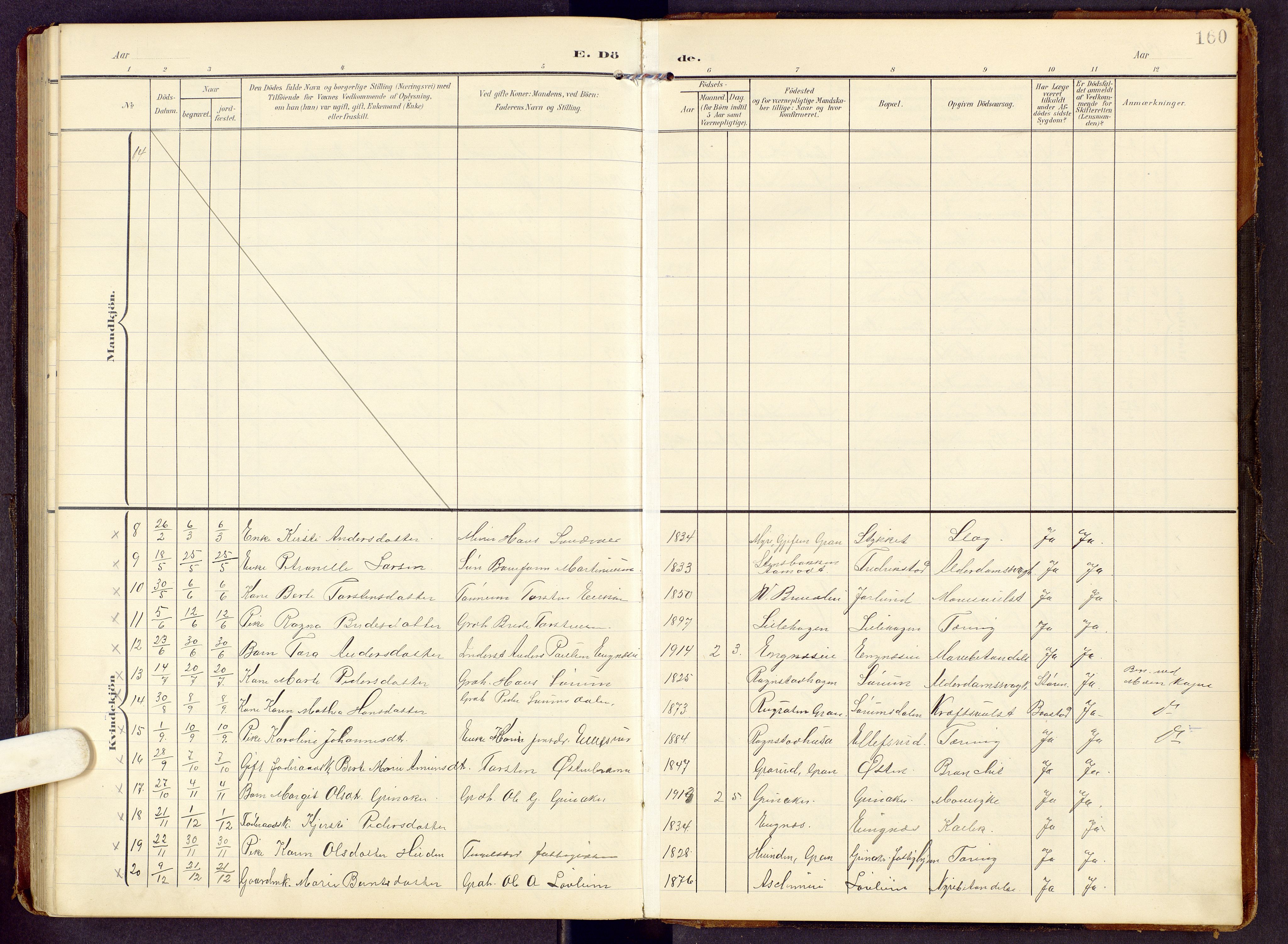 Brandbu prestekontor, SAH/PREST-114/H/Ha/Hab/L0009: Parish register (copy) no. 9, 1903-1916, p. 160