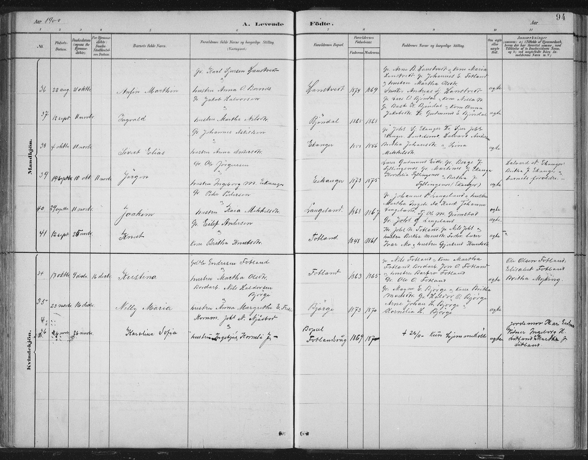 Hosanger sokneprestembete, AV/SAB-A-75801/H/Hab: Parish register (copy) no. A 3 I, 1882-1903, p. 94