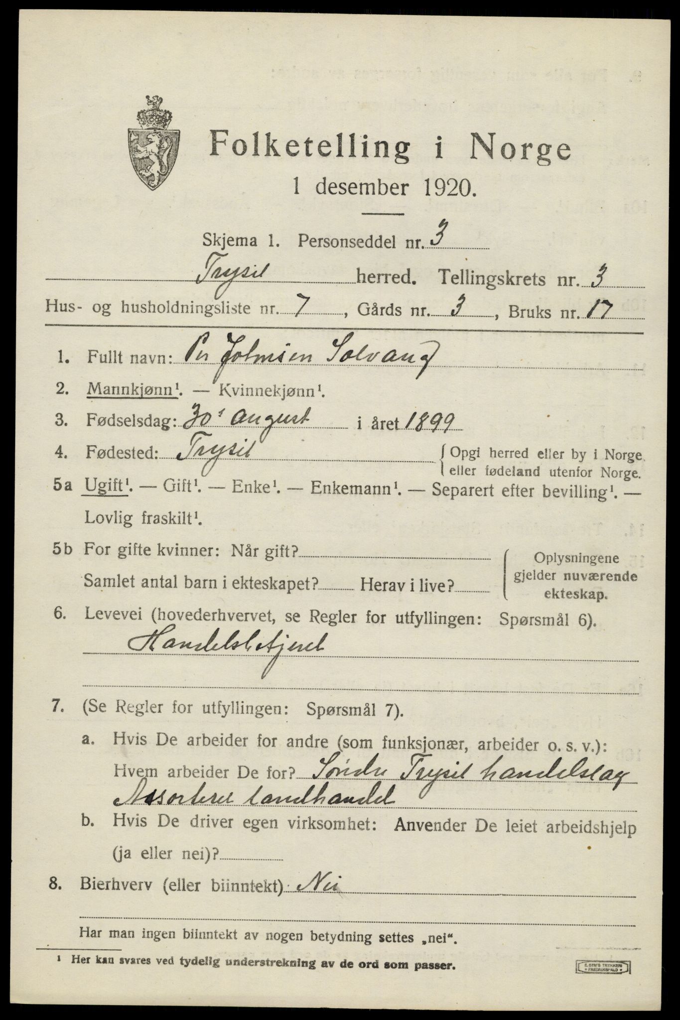 SAH, 1920 census for Trysil, 1920, p. 3559