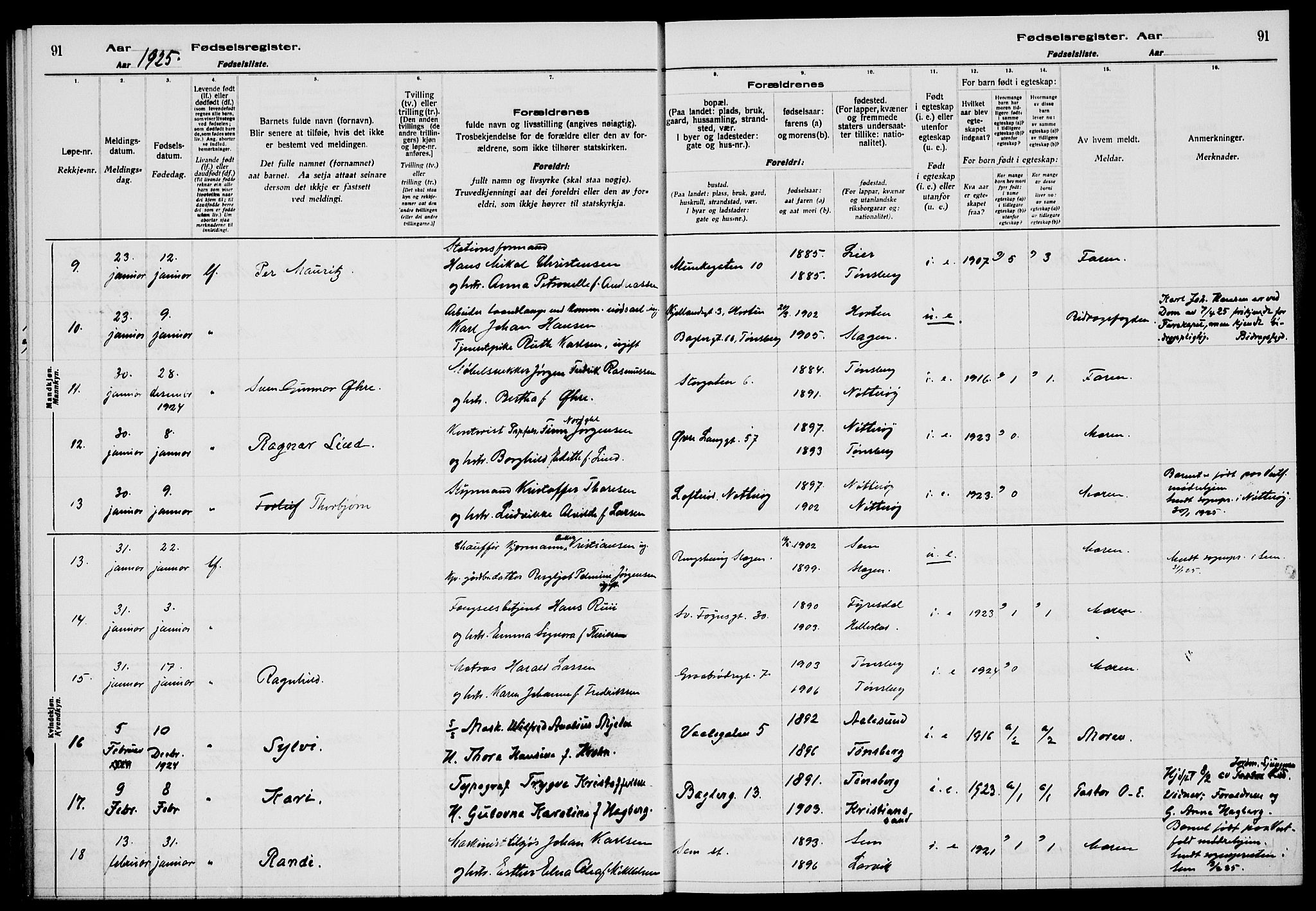 Tønsberg kirkebøker, AV/SAKO-A-330/J/Ja/L0002: Birth register no. 2, 1922-1928, p. 91