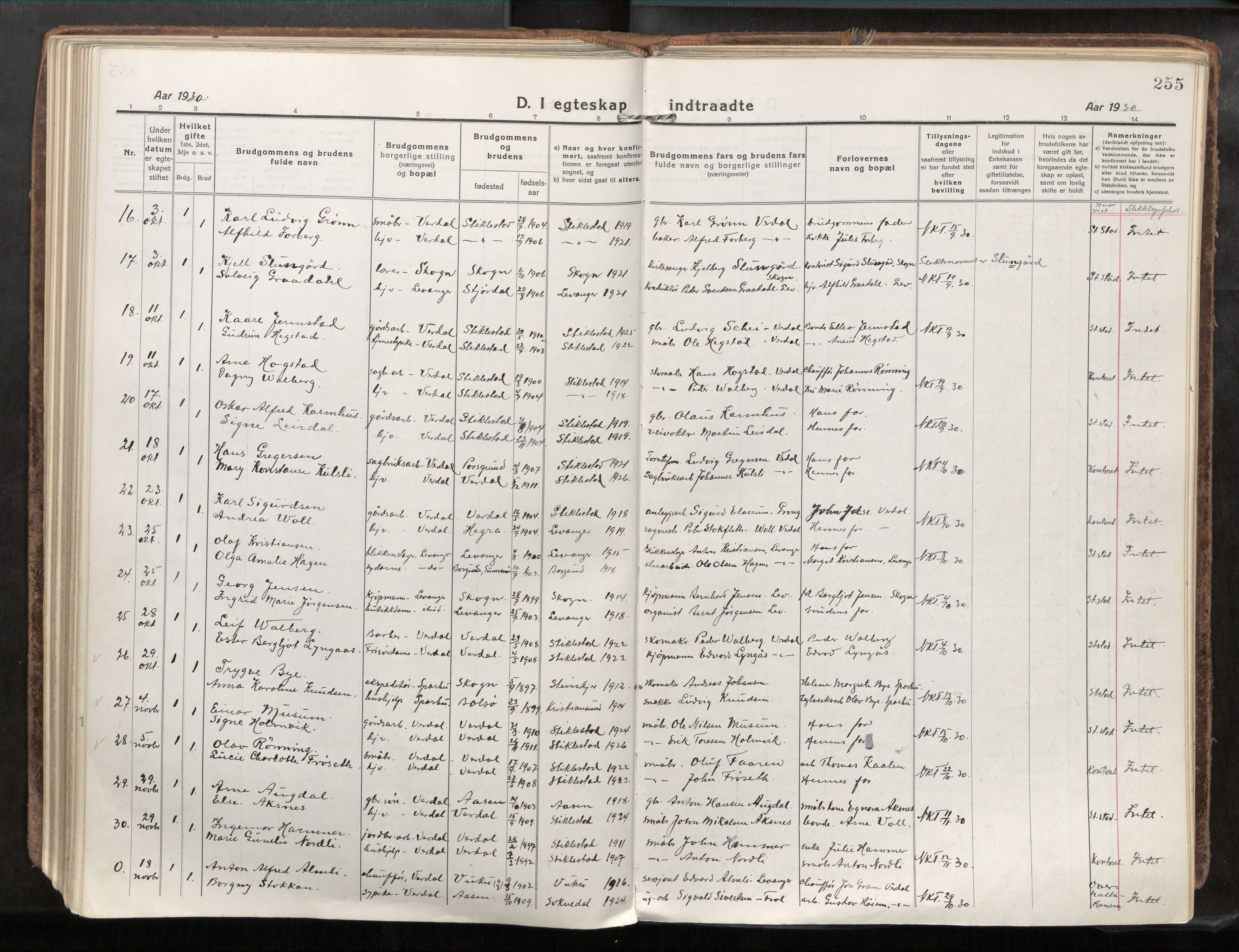 Verdal sokneprestkontor, SAT/A-1156/2/H/Haa/L0001: Parish register (official) no. 1, 1917-1932, p. 255