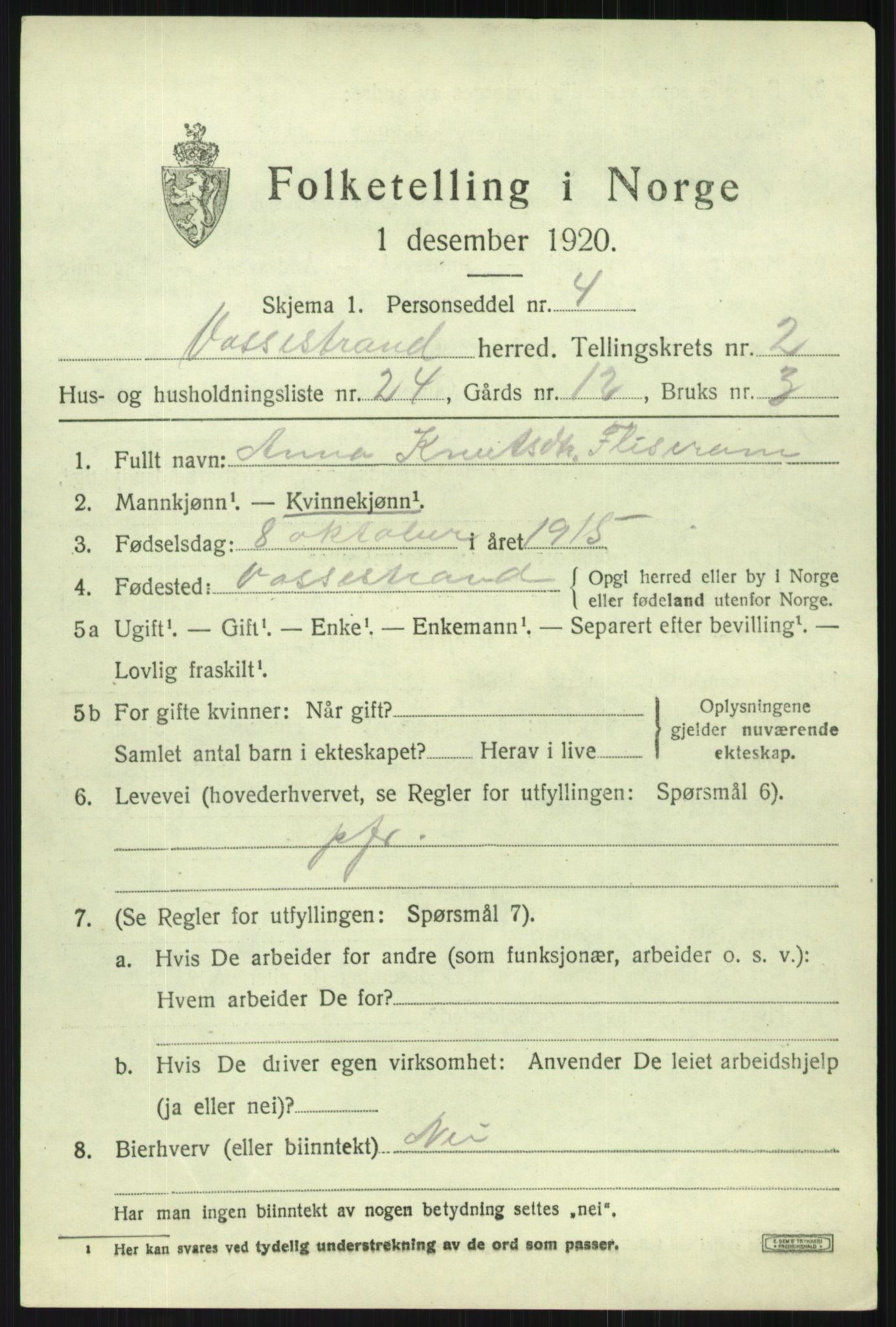 SAB, 1920 census for Vossestrand, 1920, p. 1424