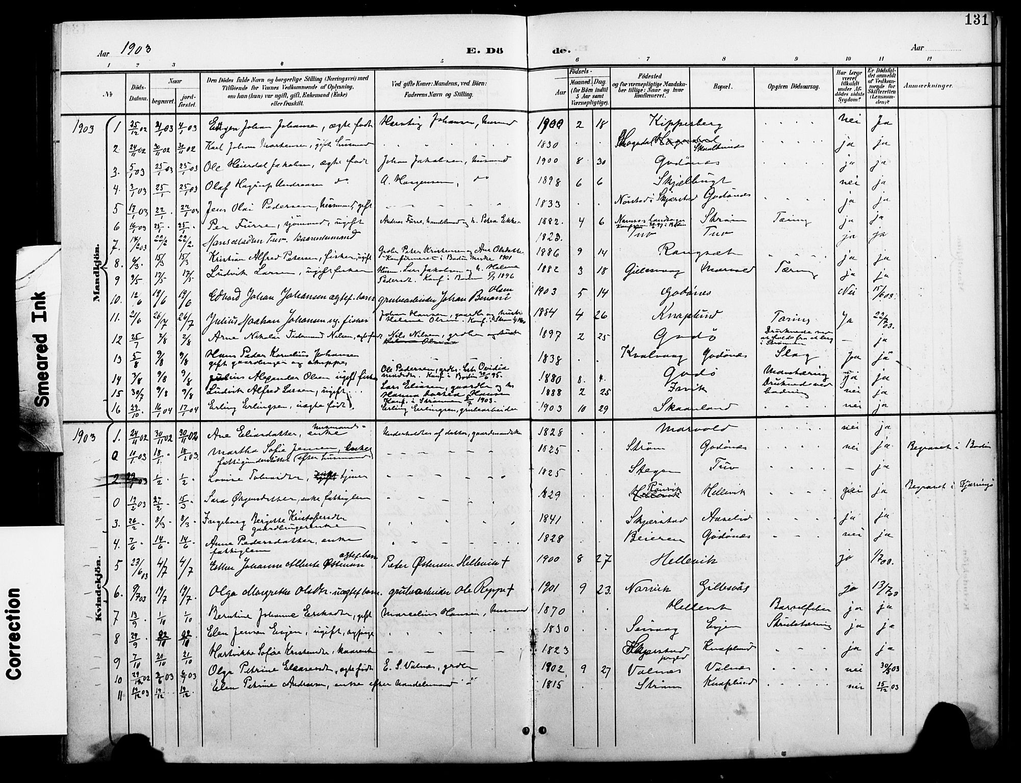 Ministerialprotokoller, klokkerbøker og fødselsregistre - Nordland, SAT/A-1459/804/L0088: Parish register (copy) no. 804C01, 1901-1917, p. 131